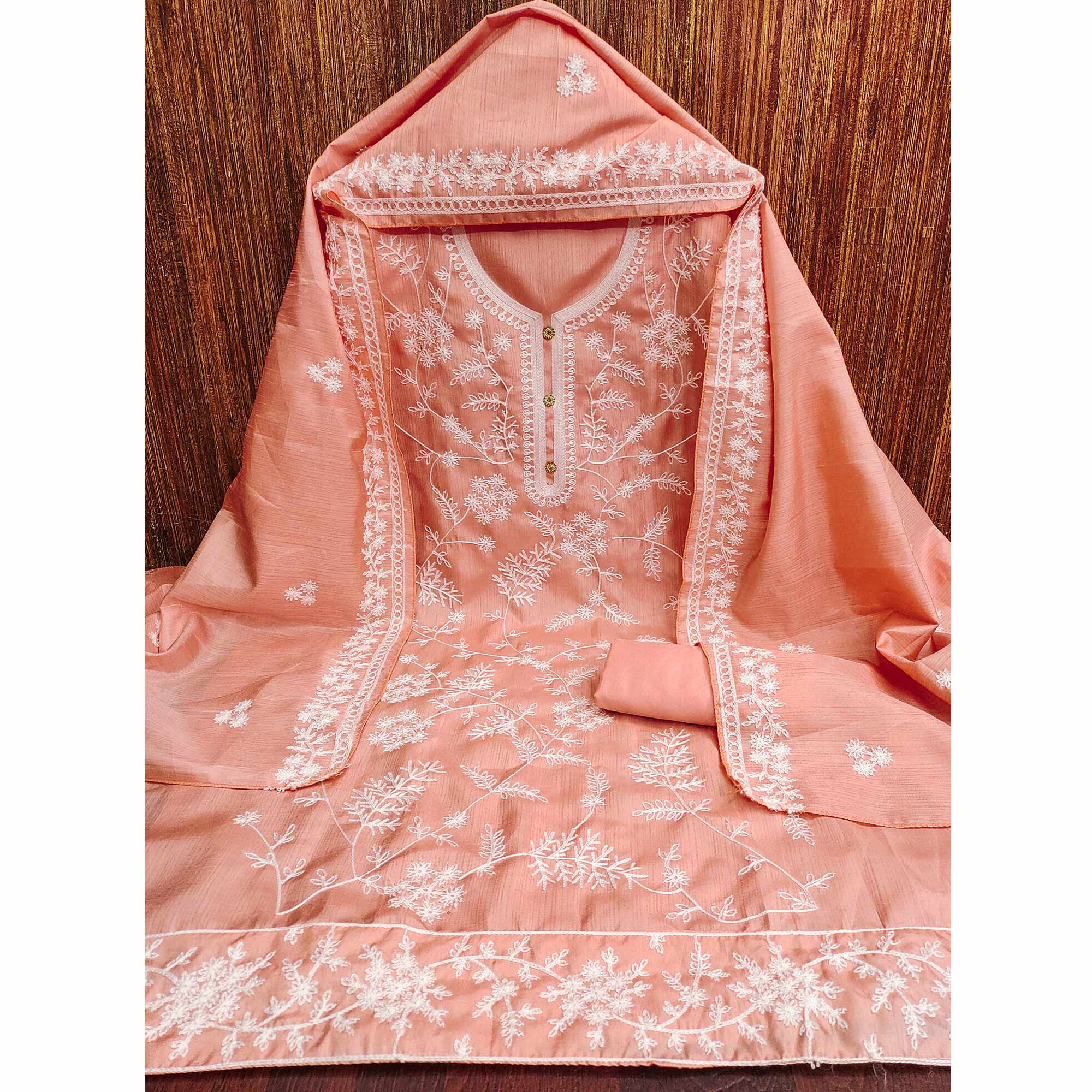 Peach Floral Embroidered Art Silk Dress Material - Image 4