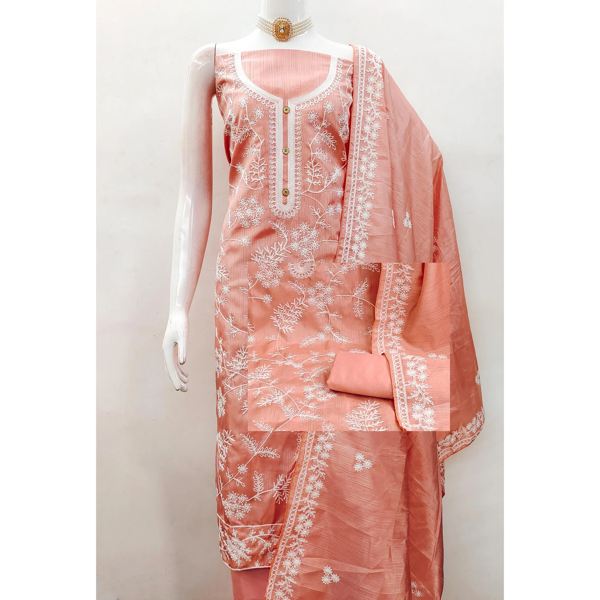 Peach Floral Embroidered Art Silk Dress Material - Image 5