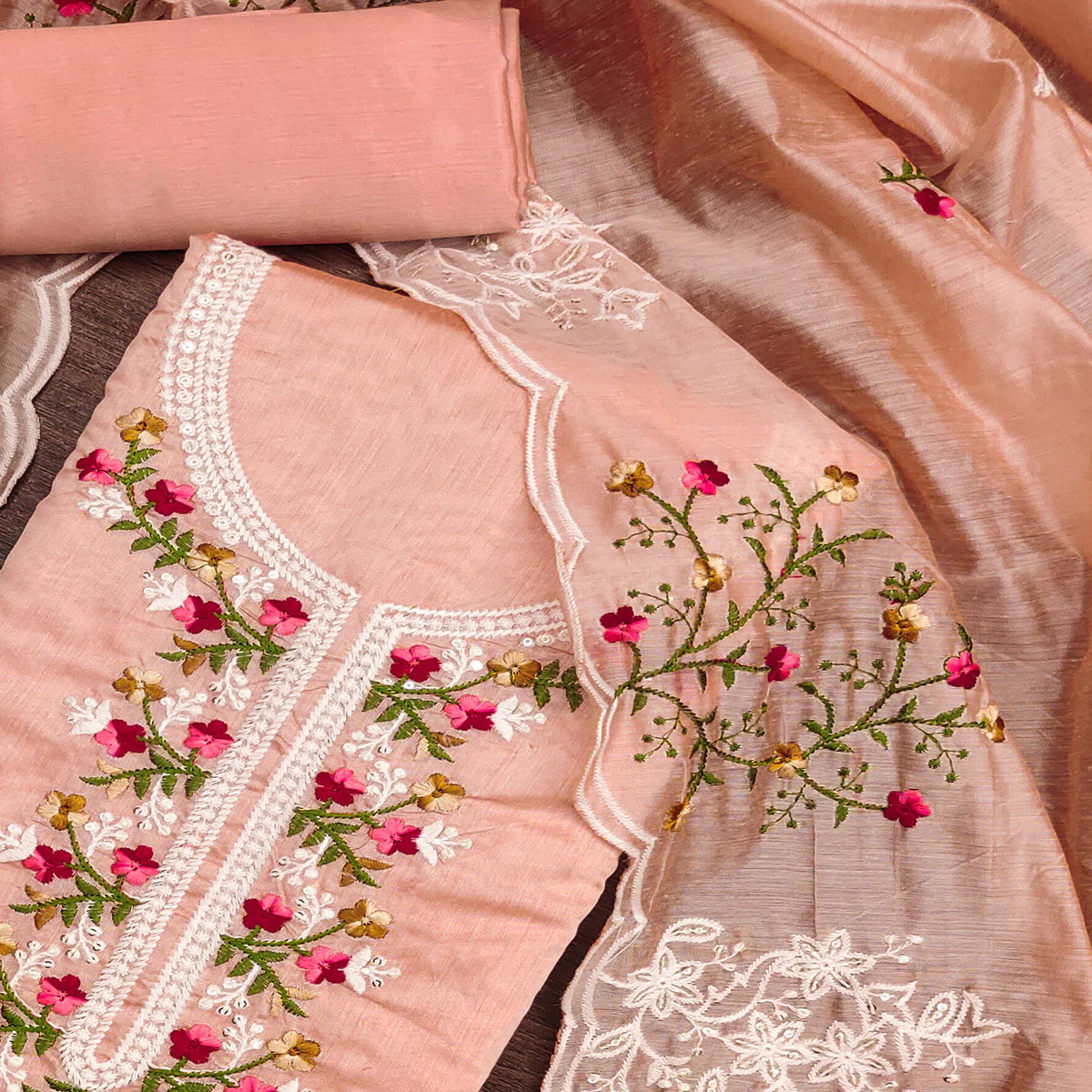 Peach Floral Embroidered Chanderi Cotton Dress Material - Image 2