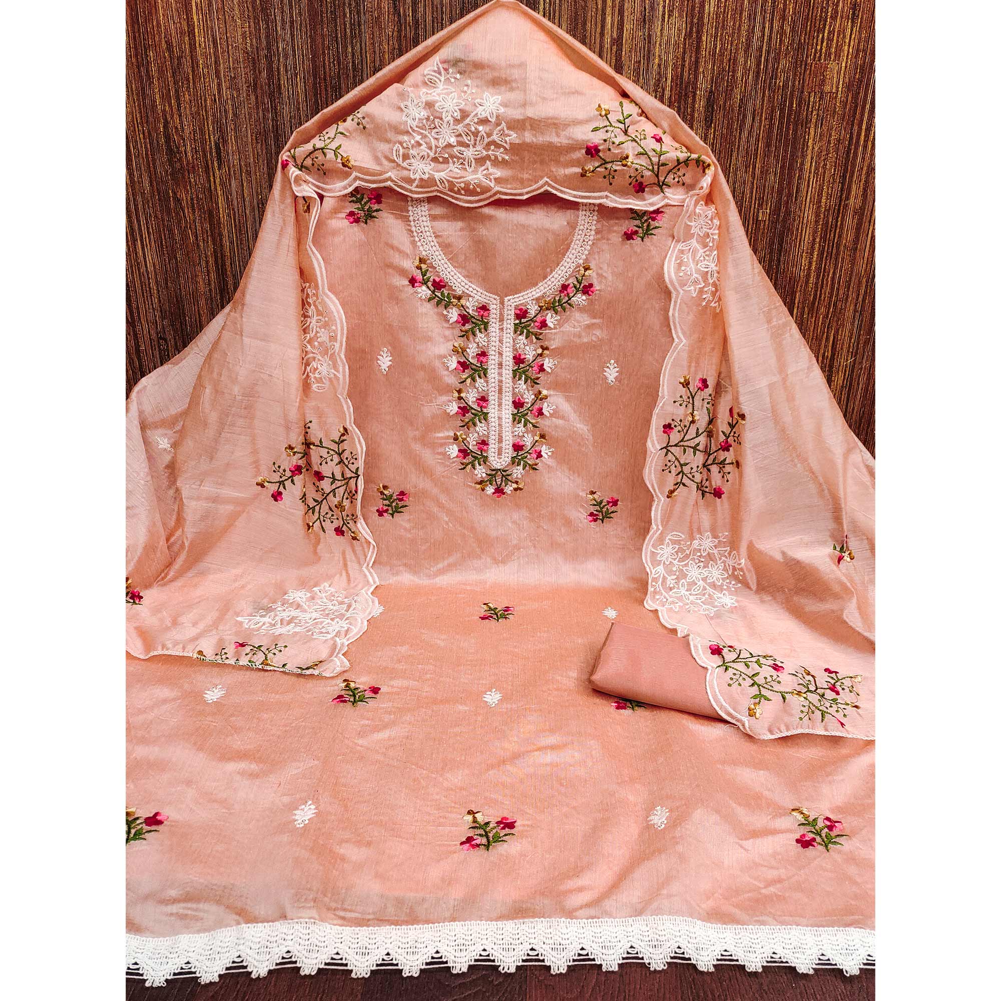 Peach Floral Embroidered Chanderi Cotton Dress Material - Image 3