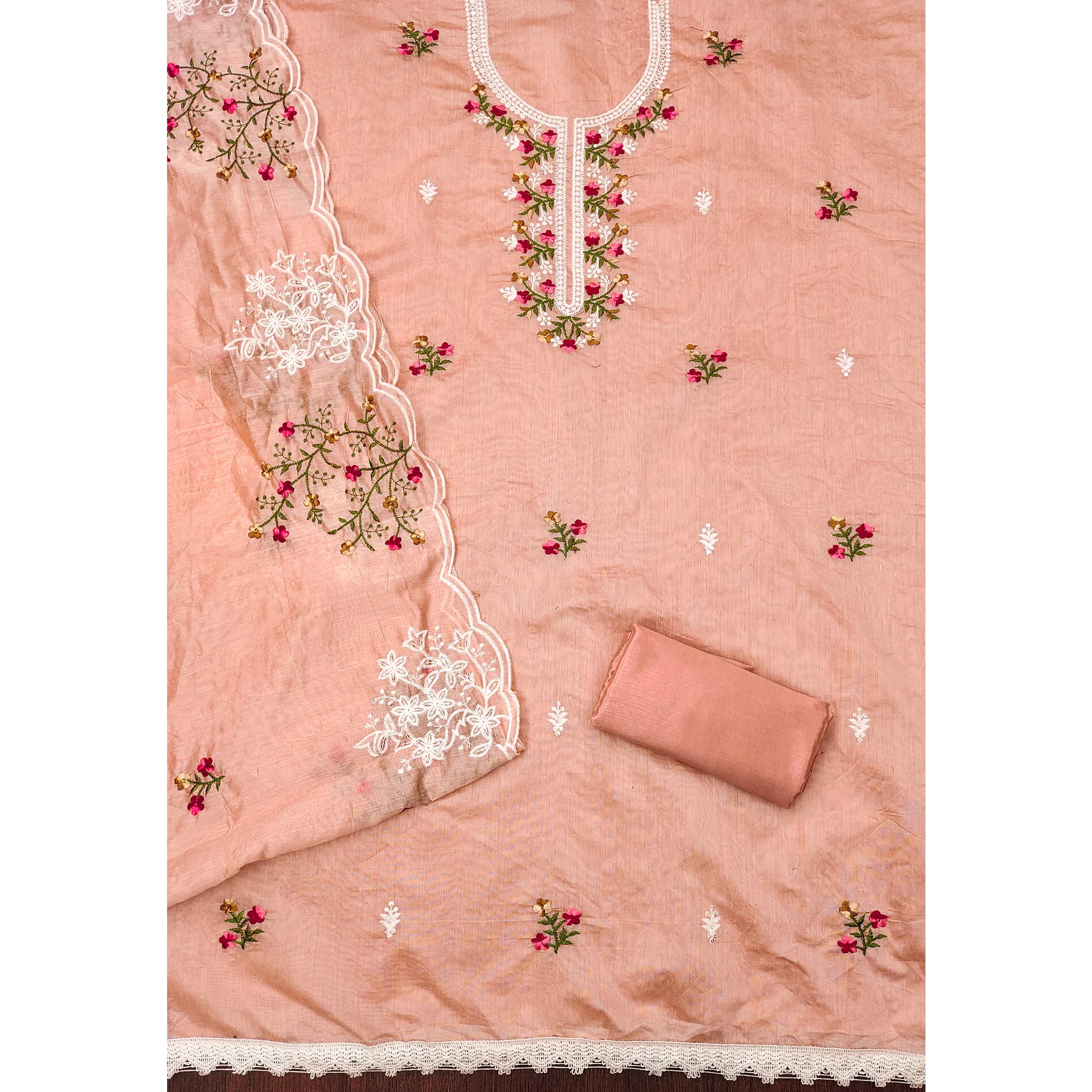 Peach Floral Embroidered Chanderi Cotton Dress Material - Image 4