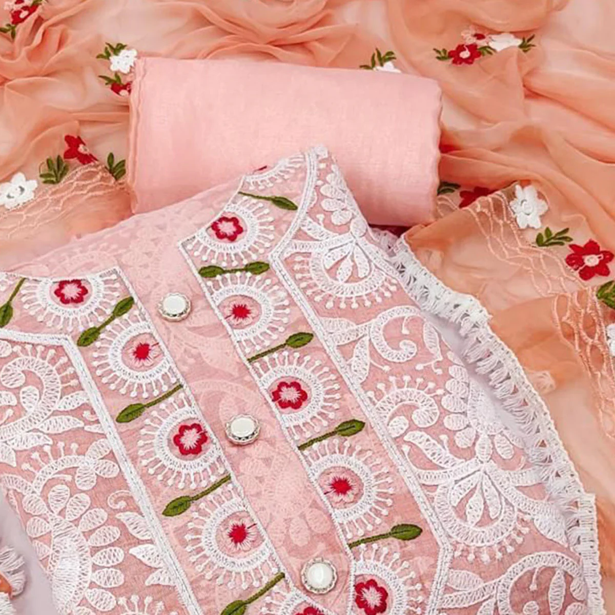 Peach Floral Embroidered Chanderi Dress Material - Image 2