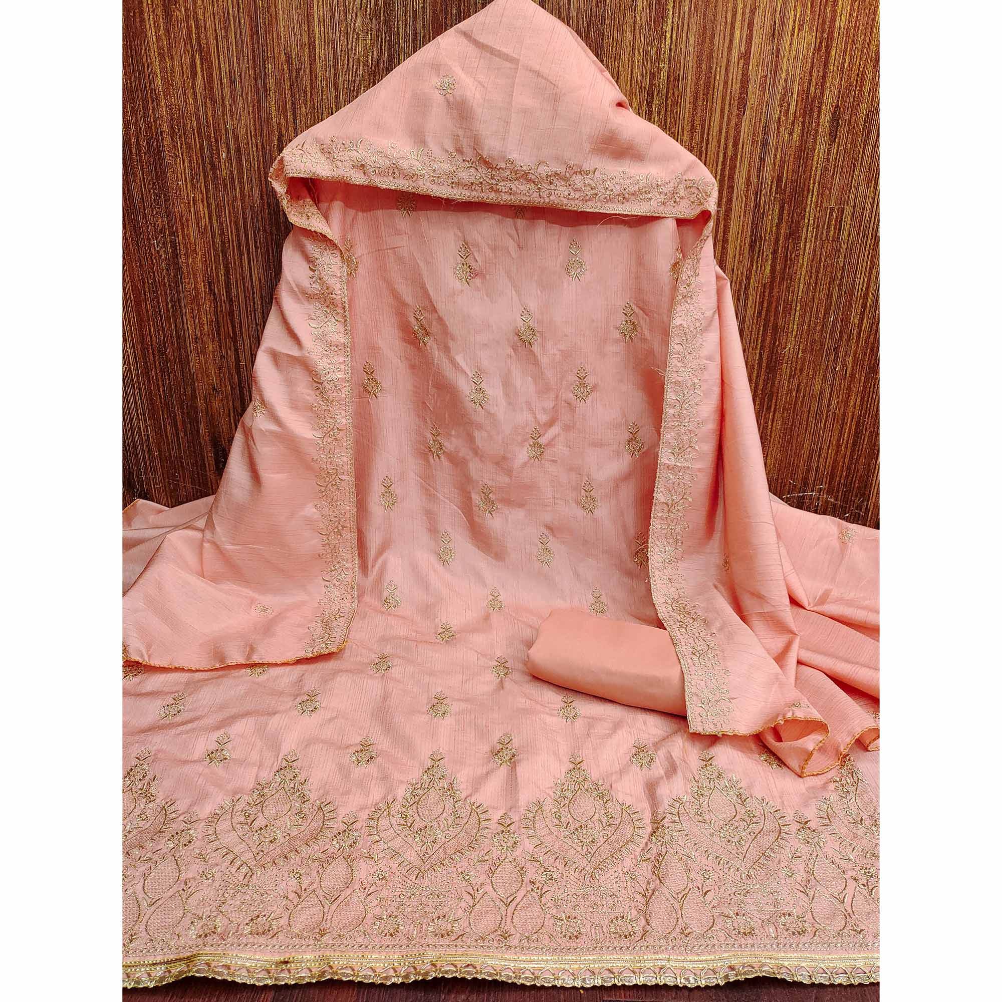 Peach Floral Embroidered Cotton Blend Dress Material - Image 3