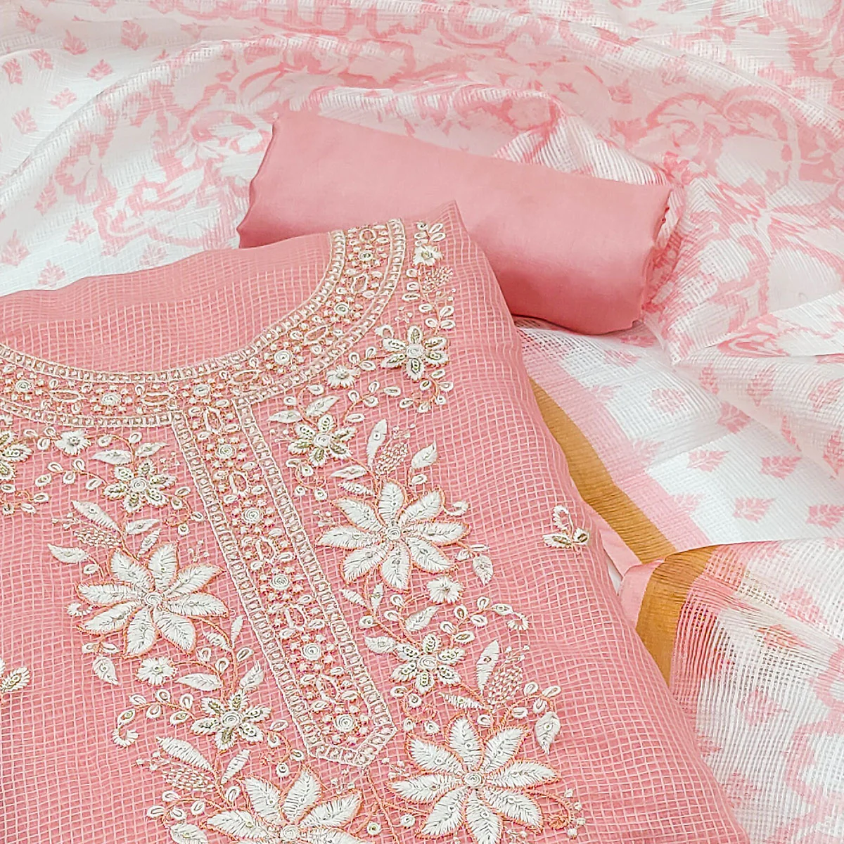 Peach Floral Embroidered Kota Doria Dress Material - Image 2