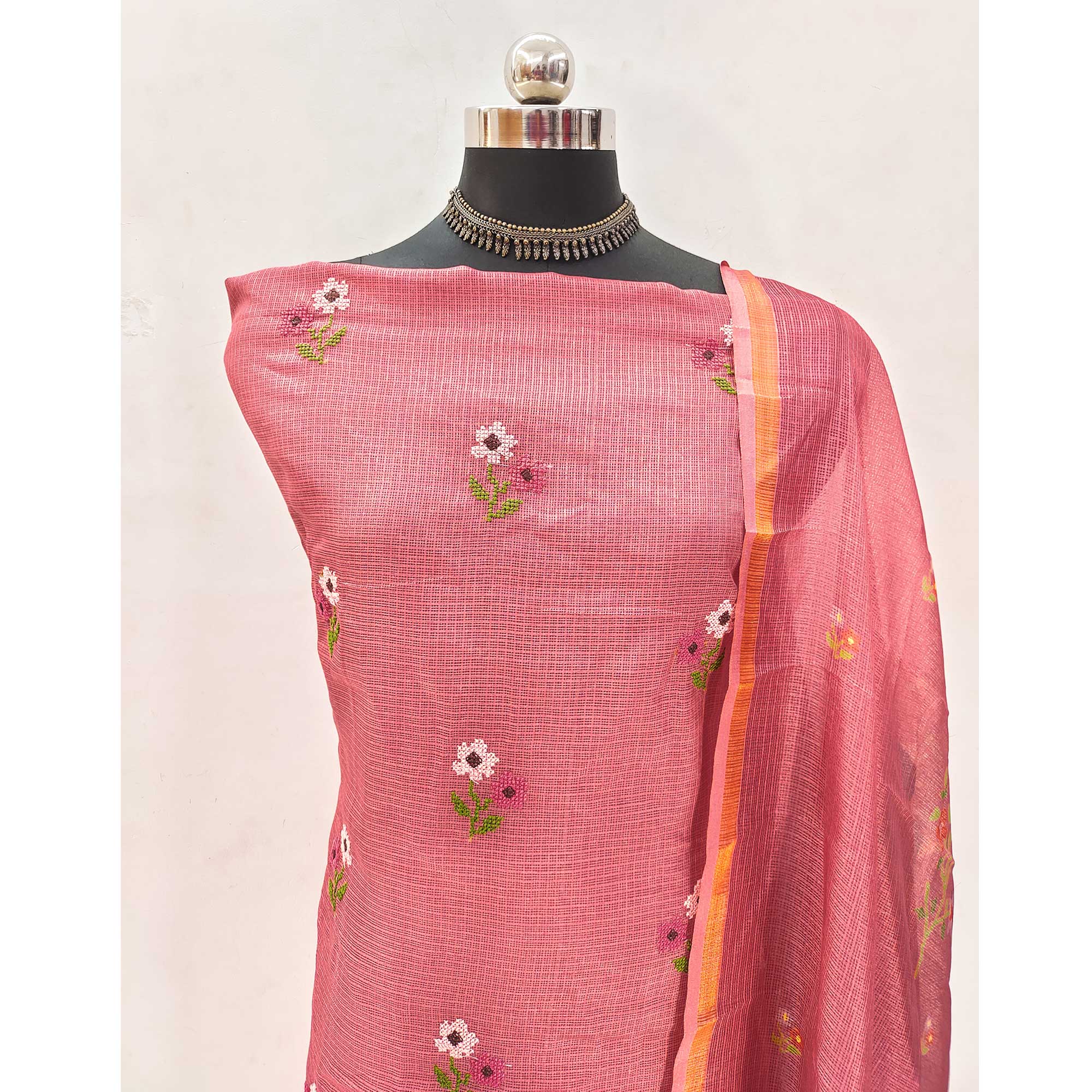 Peach Floral Embroidered Kota Doria Dress Material - Image 4