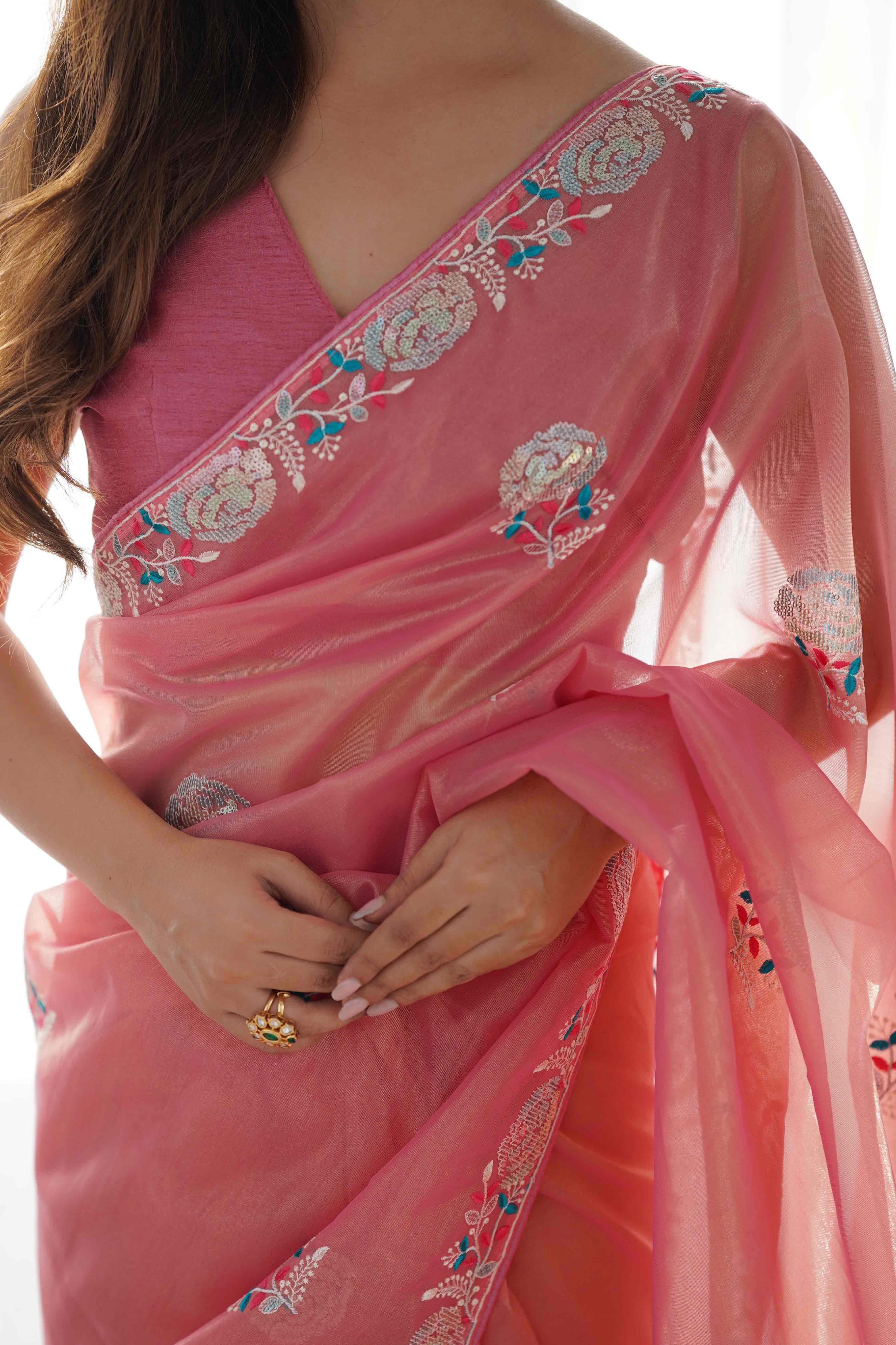 Peach Floral Embroidered Net Saree - Image 2