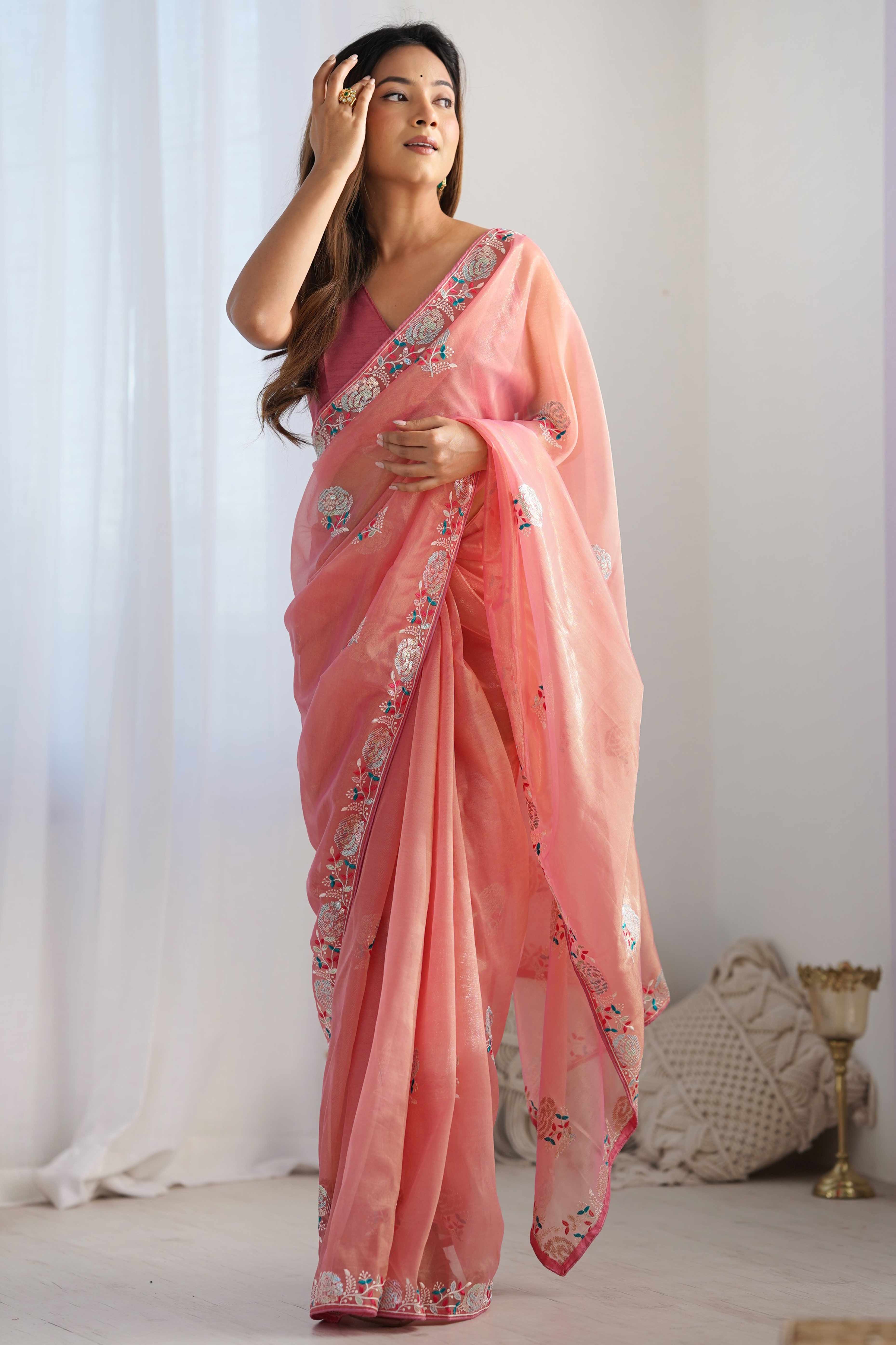 Peach Floral Embroidered Net Saree - Image 4