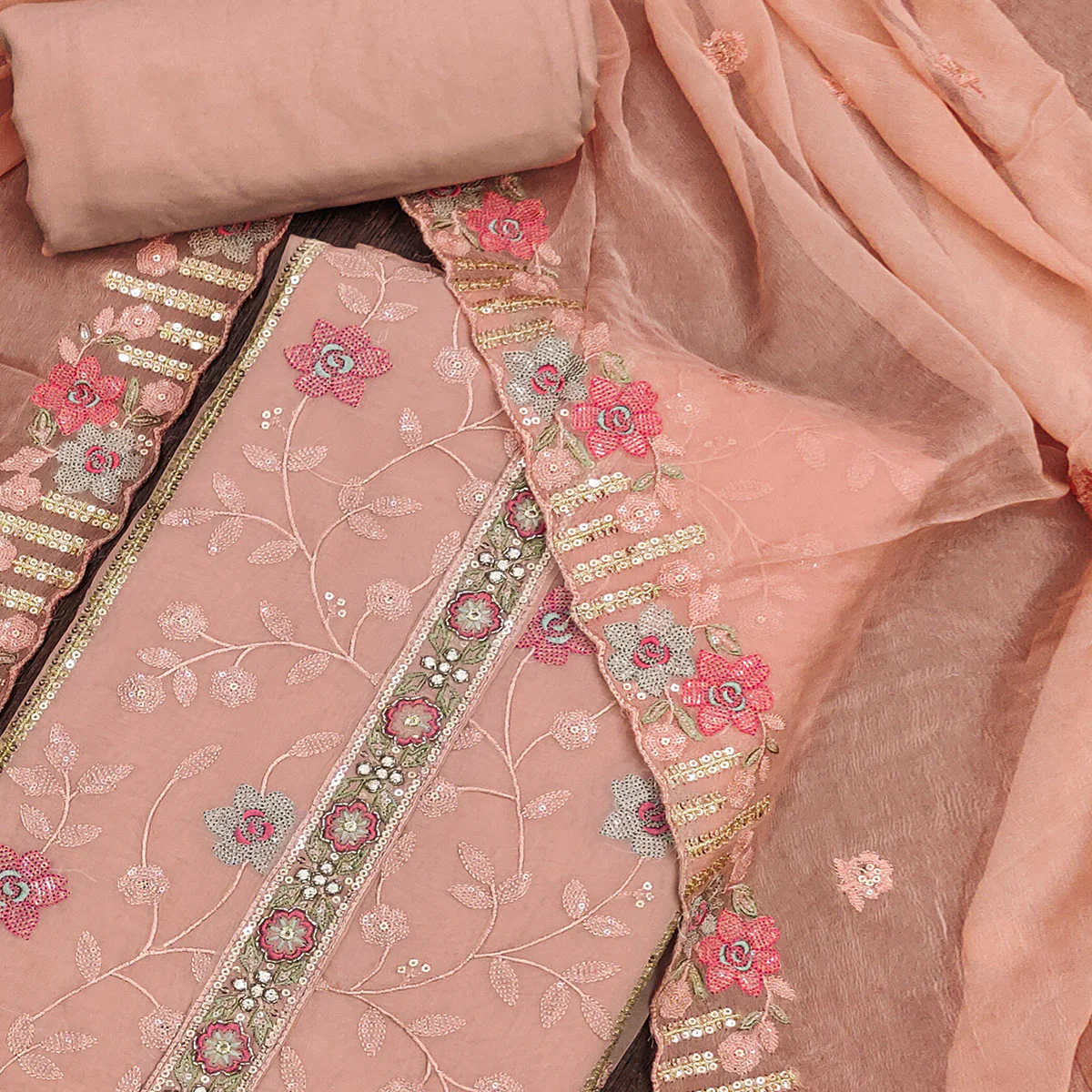Peach Floral Embroidered Organza Dress Material - Image 2