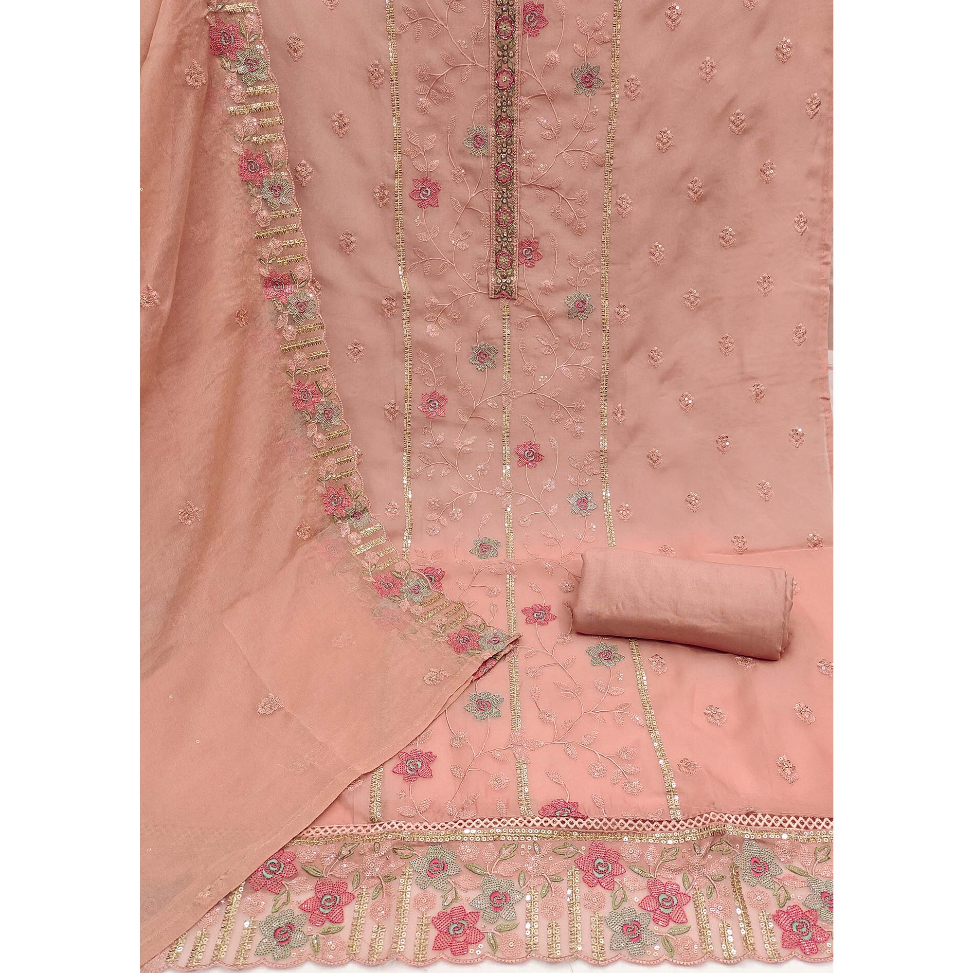 Peach Floral Embroidered Organza Dress Material - Image 3