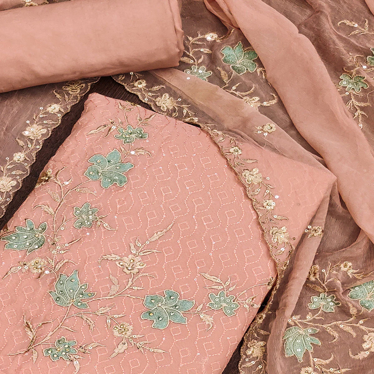 Peach Floral Embroidered Organza Dress Material - Image 2