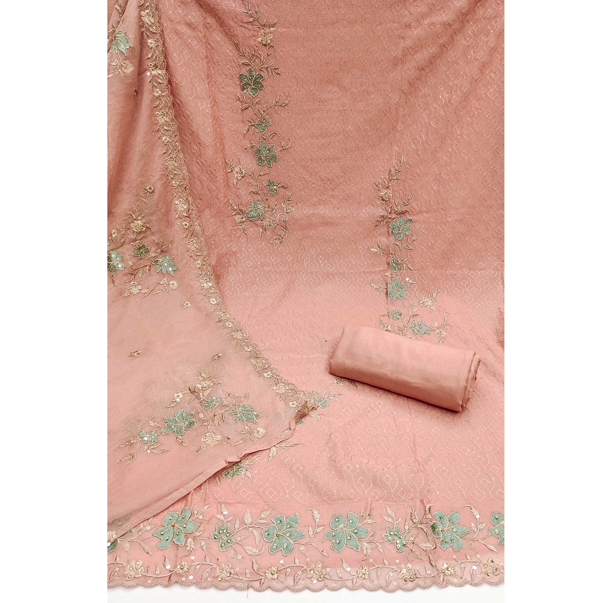 Peach Floral Embroidered Organza Dress Material - Image 3