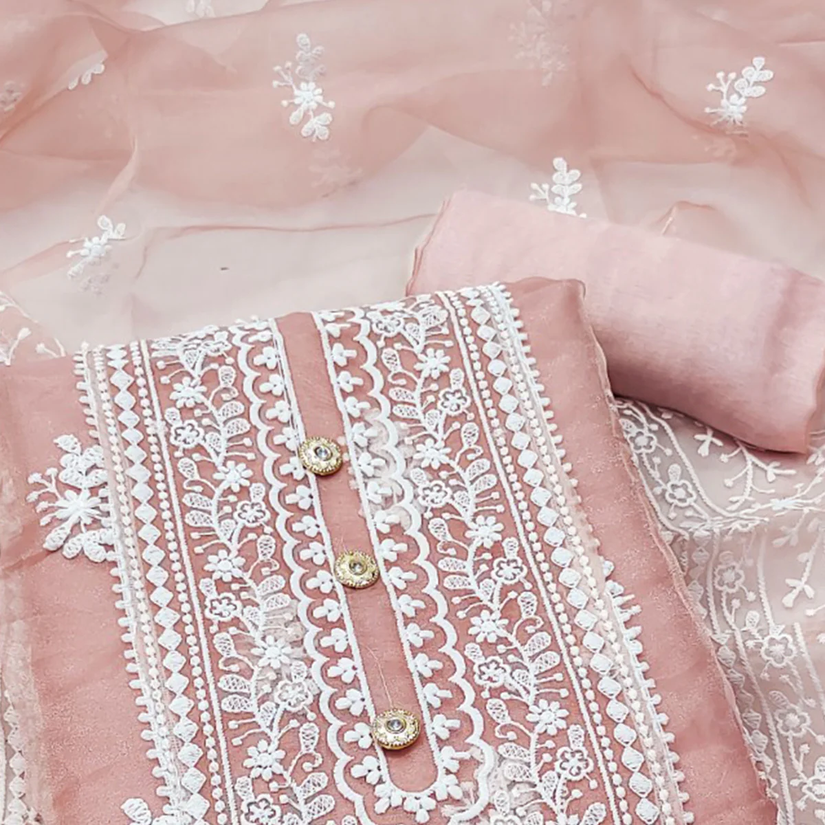 Peach Floral Embroidered Organza Dress Material - Image 2