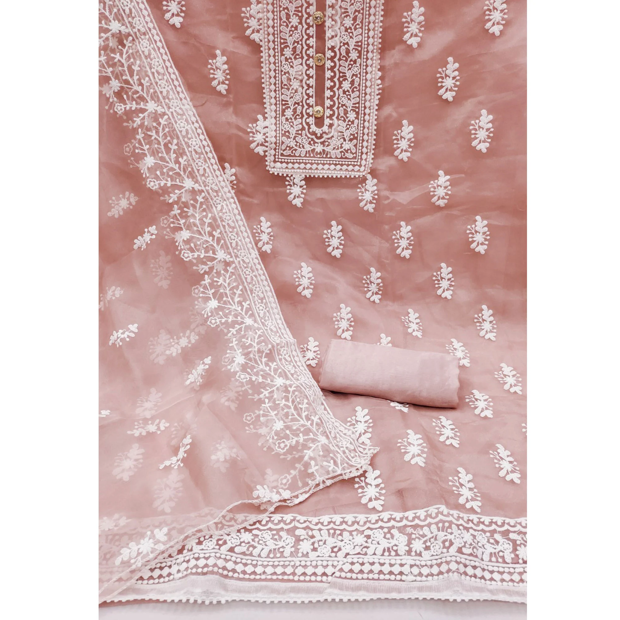 Peach Floral Embroidered Organza Dress Material - Image 3