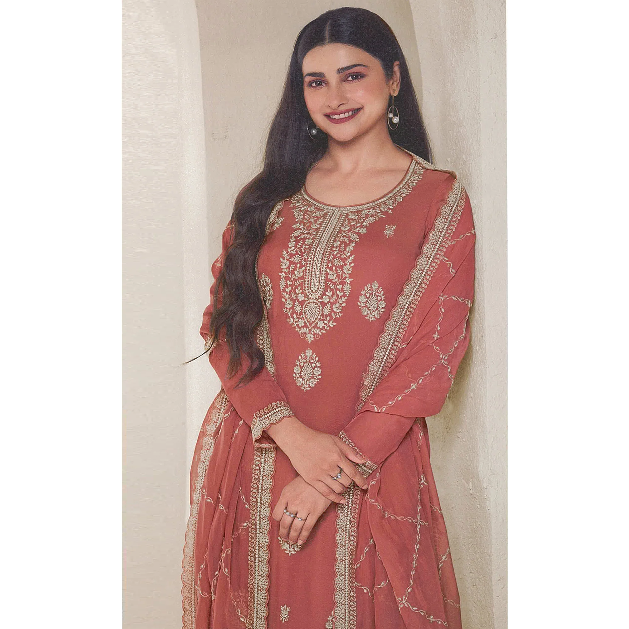 Peach Floral Embroidered Organza Semi Stitched Salwar Suit - Image 4
