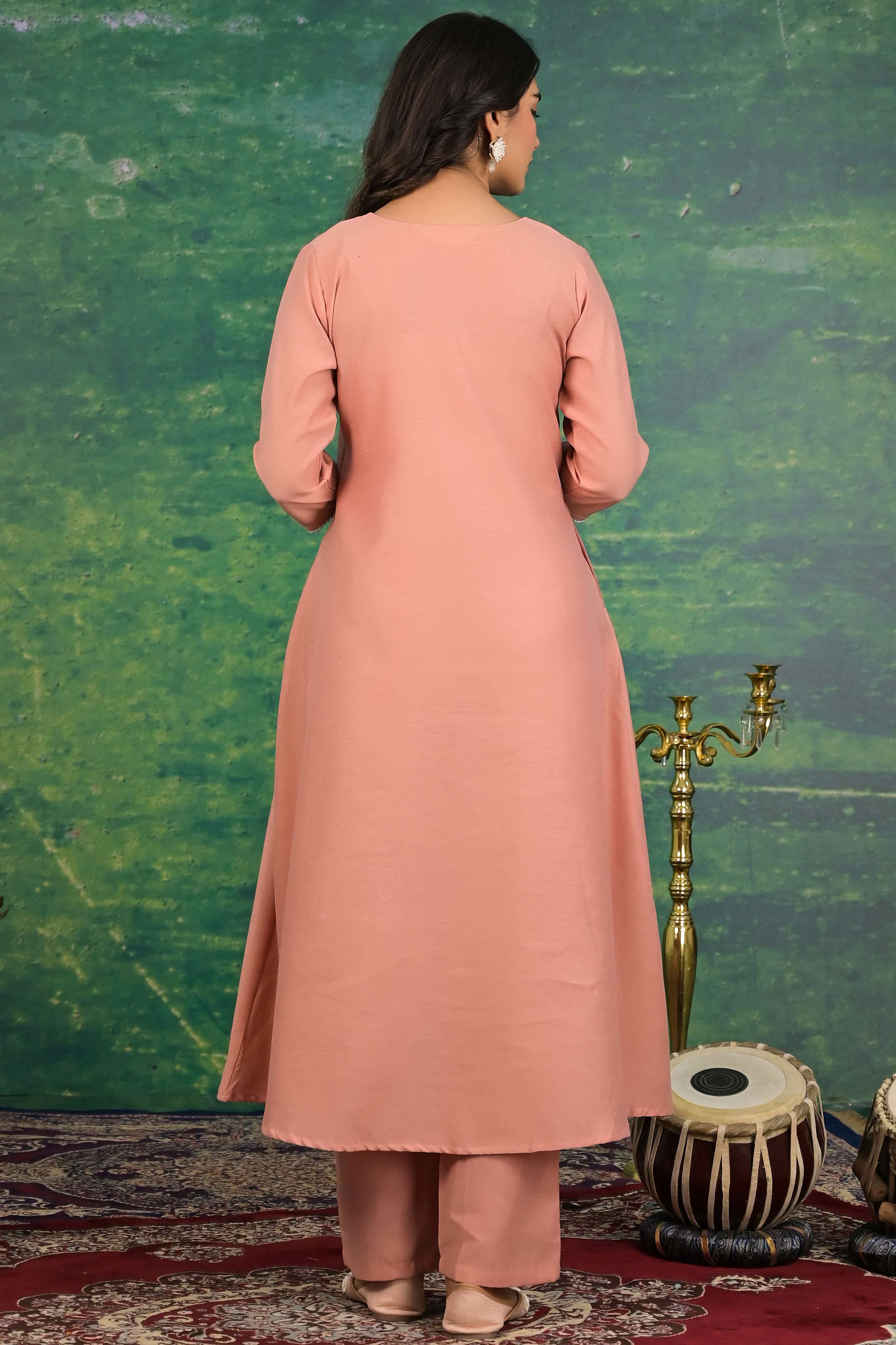 Peach Floral Embroidered Pure Cotton Top Bottom Set - Image 3