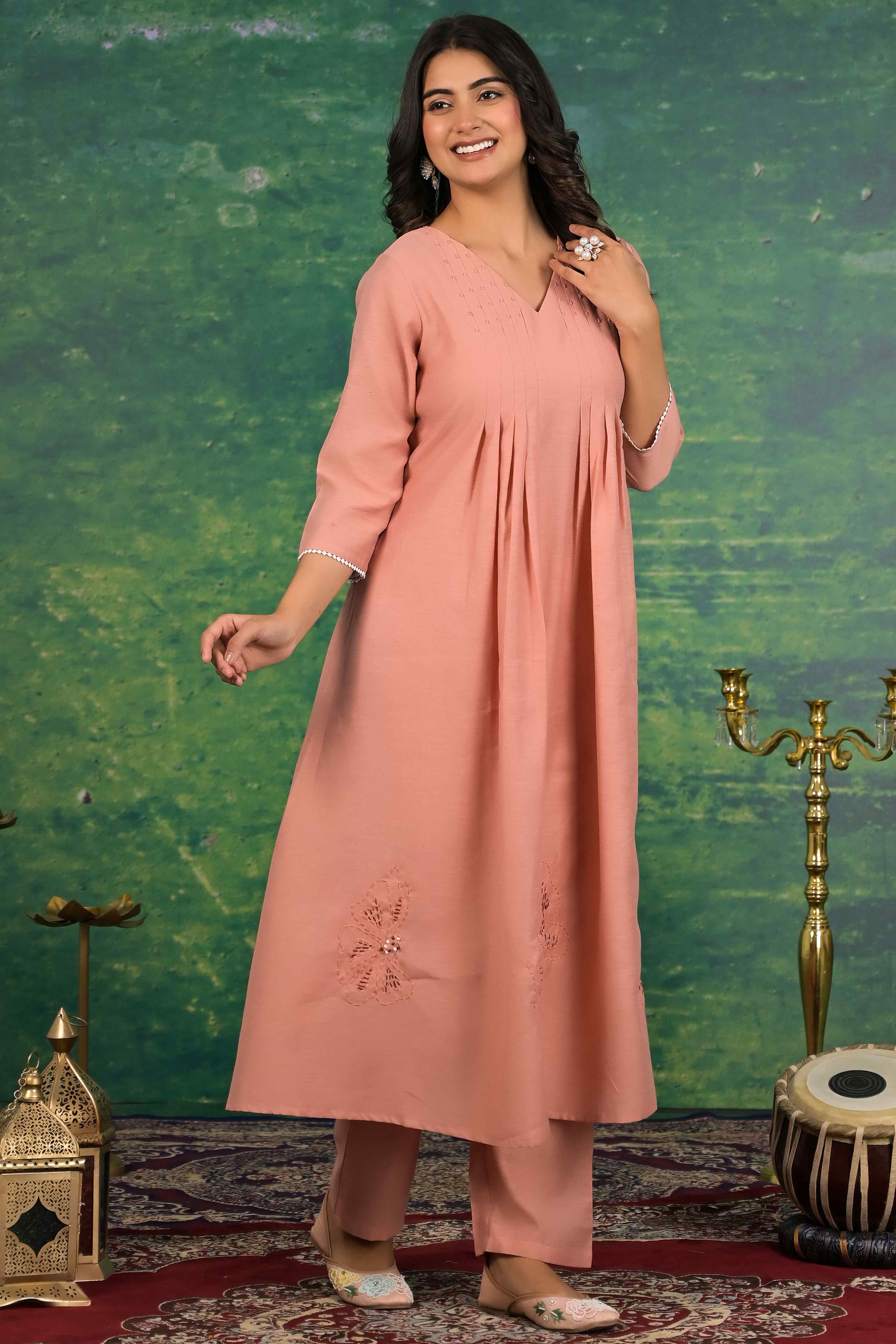 Peach Floral Embroidered Pure Cotton Top Bottom Set - Image 4