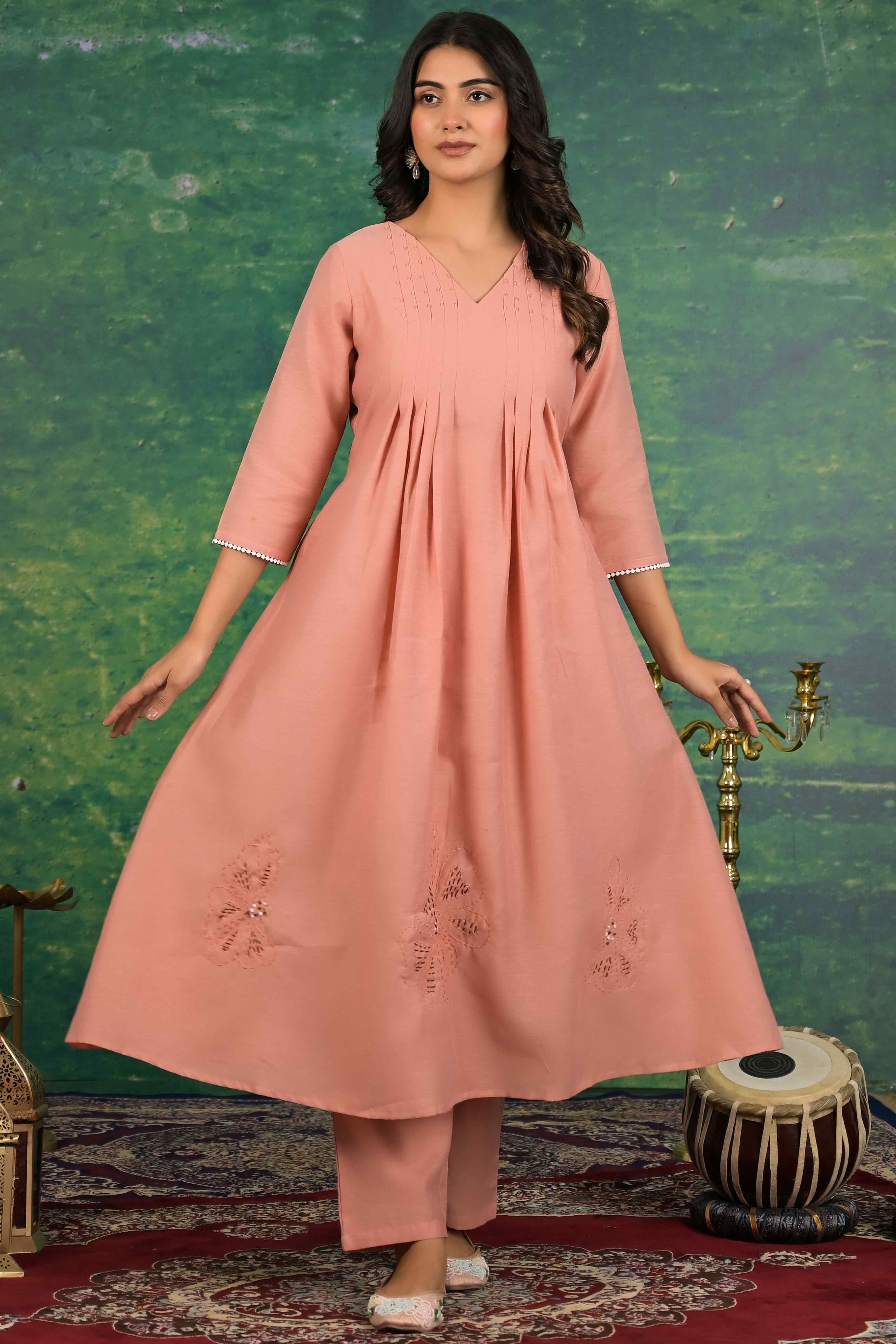 Peach Floral Embroidered Pure Cotton Top Bottom Set - Image 6