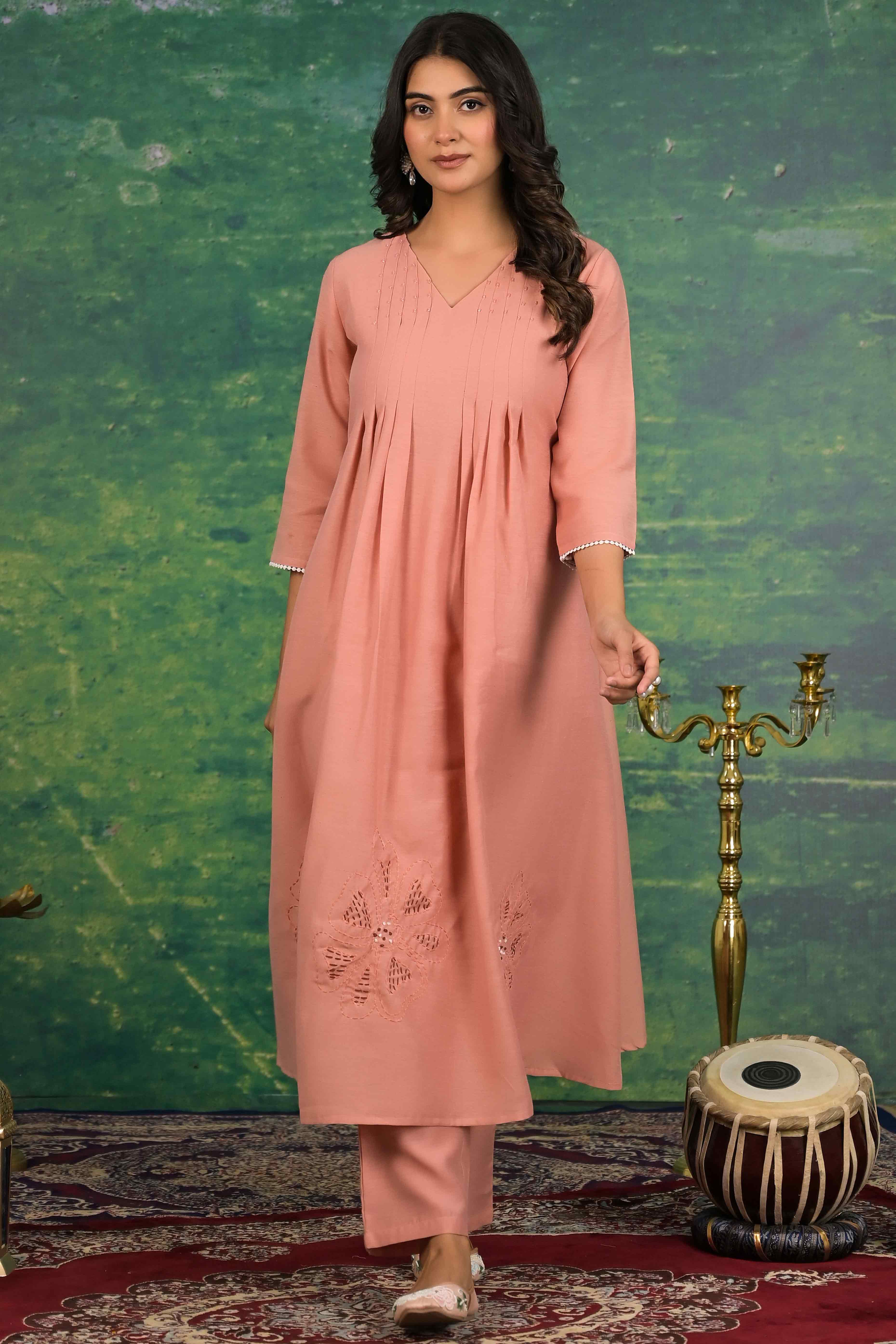 Peach Floral Embroidered Pure Cotton Top Bottom Set - Image 7