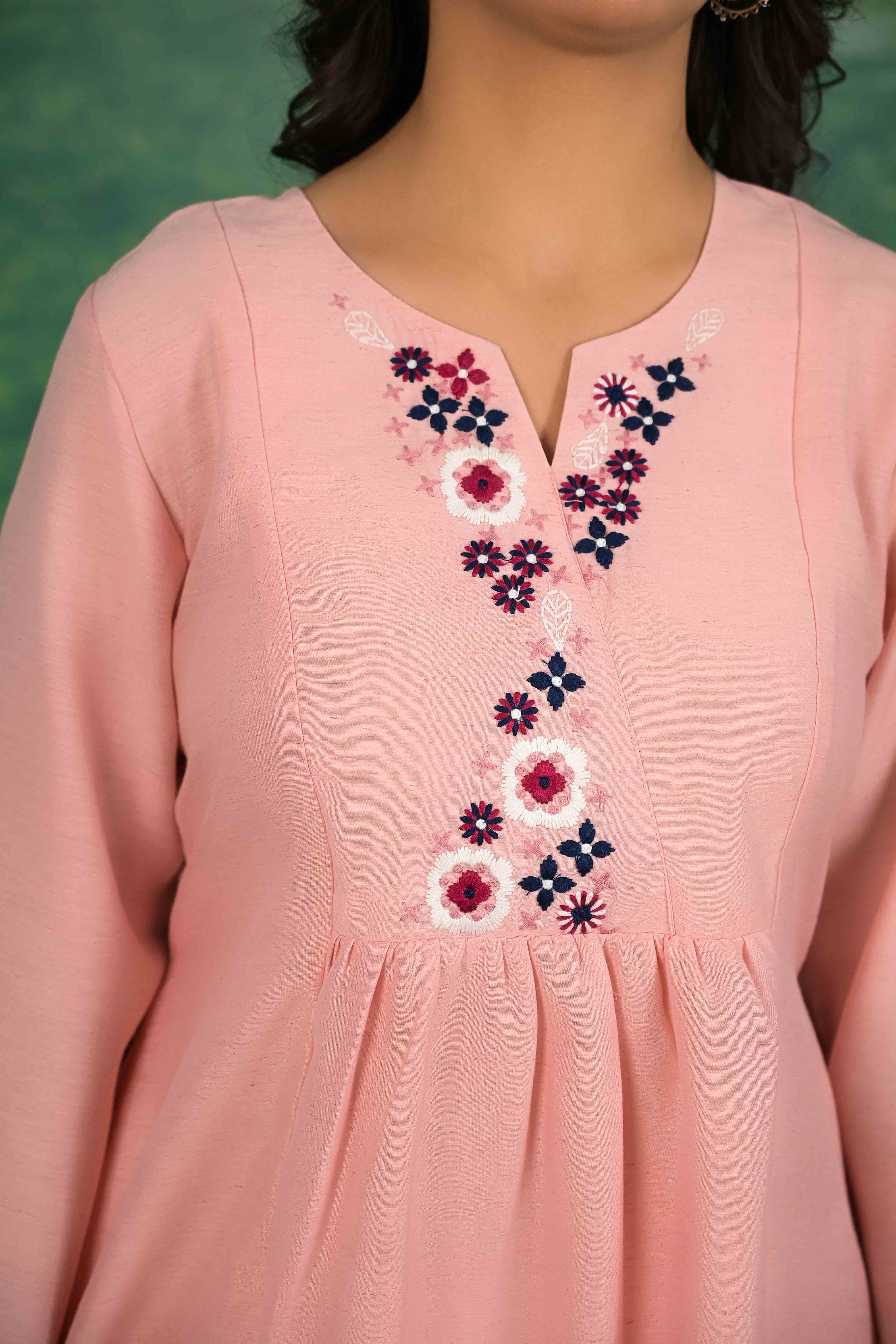 Peach Floral Embroidered Pure Cotton Top Bottom Set - Image 3