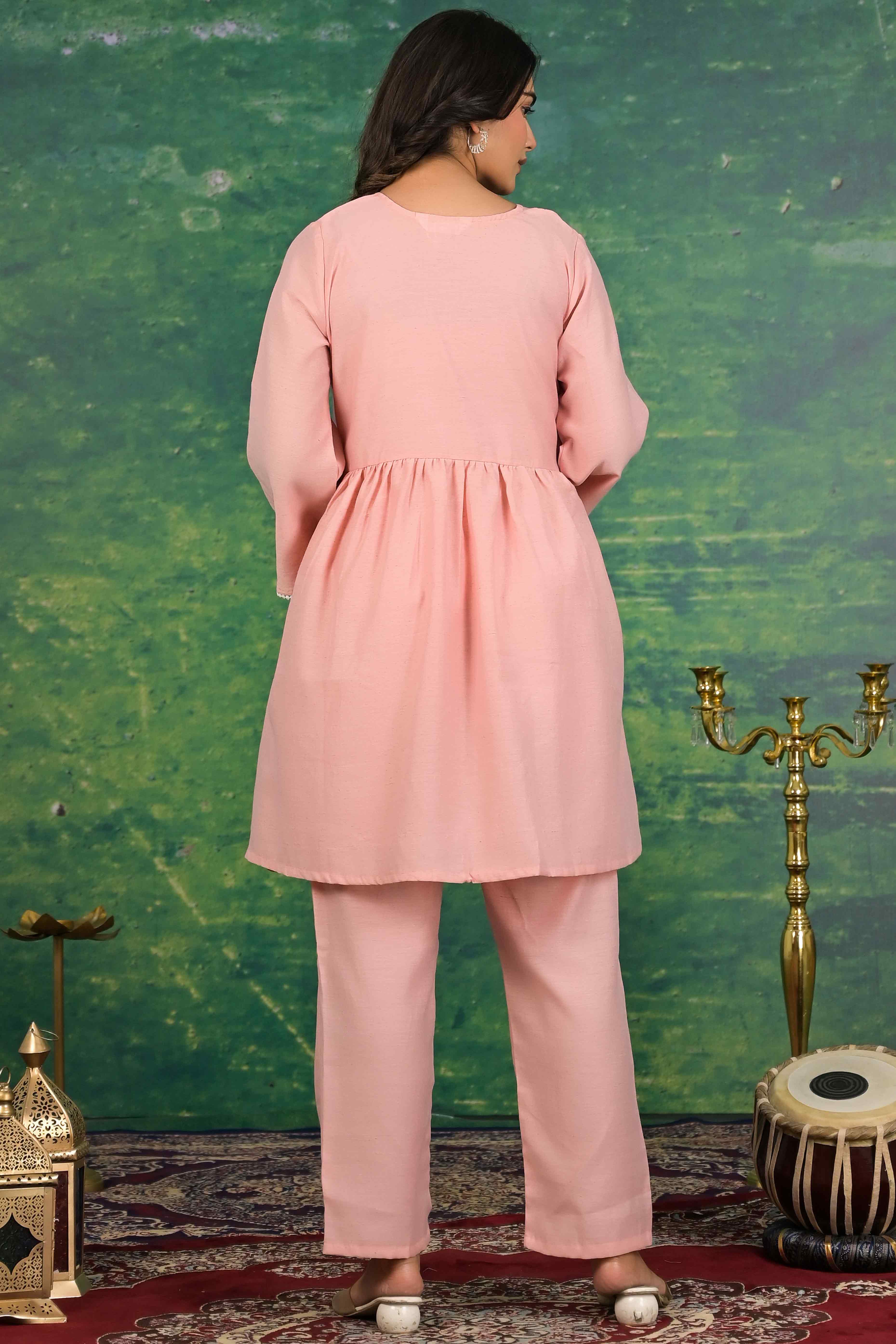 Peach Floral Embroidered Pure Cotton Top Bottom Set - Image 4