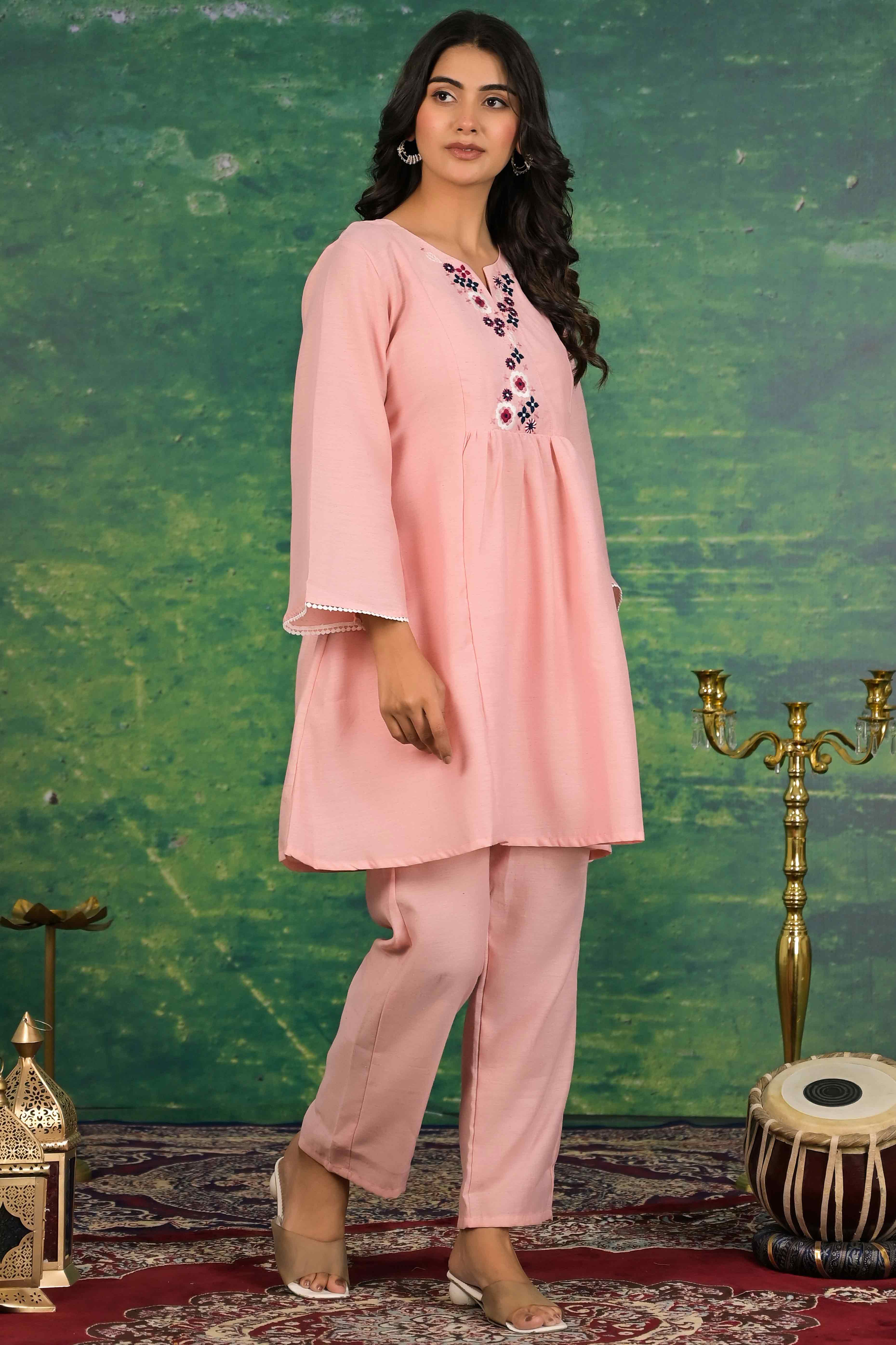 Peach Floral Embroidered Pure Cotton Top Bottom Set - Image 5