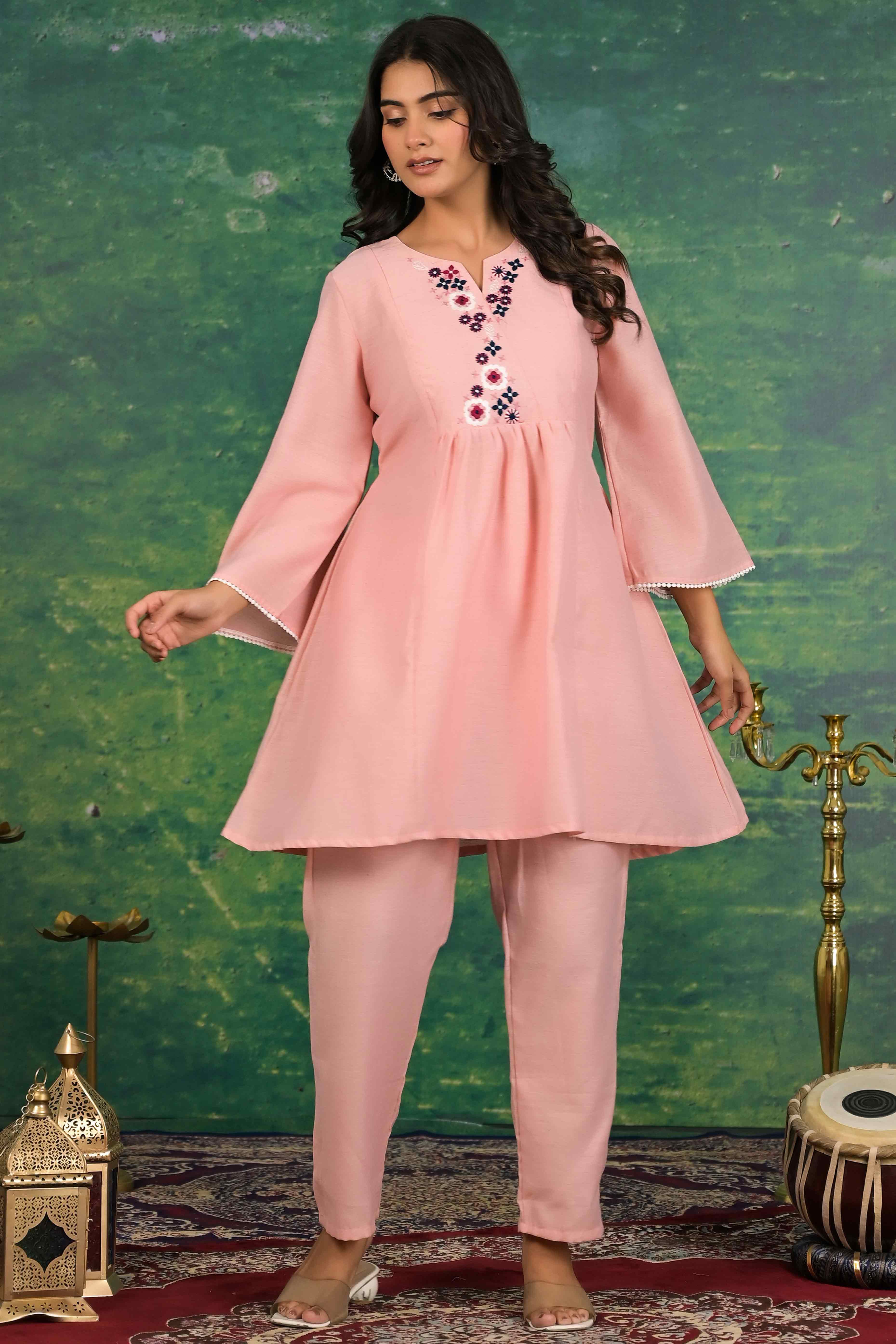 Peach Floral Embroidered Pure Cotton Top Bottom Set - Image 6