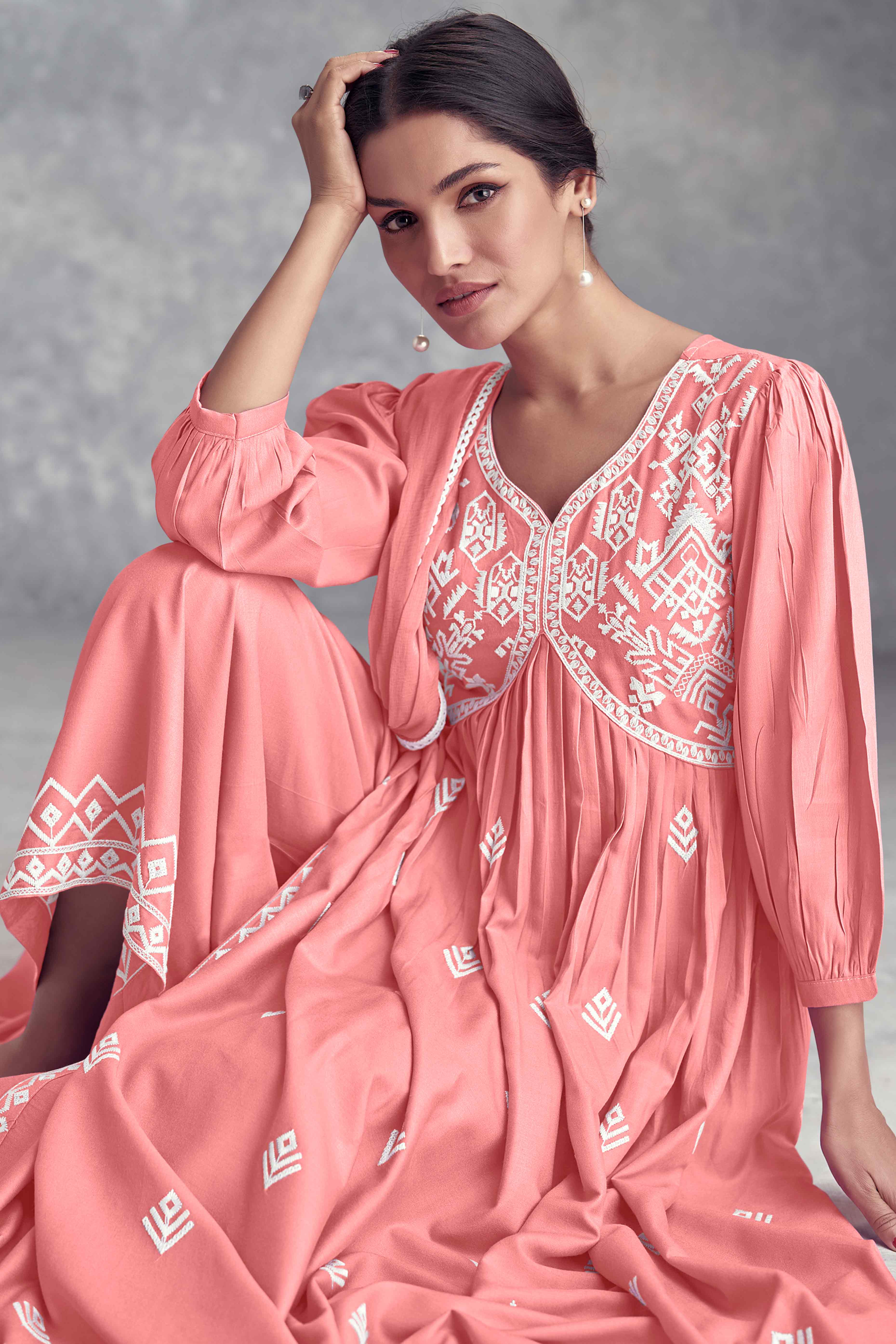 Peach Floral Embroidered Rayon Salwar Suit - Image 3