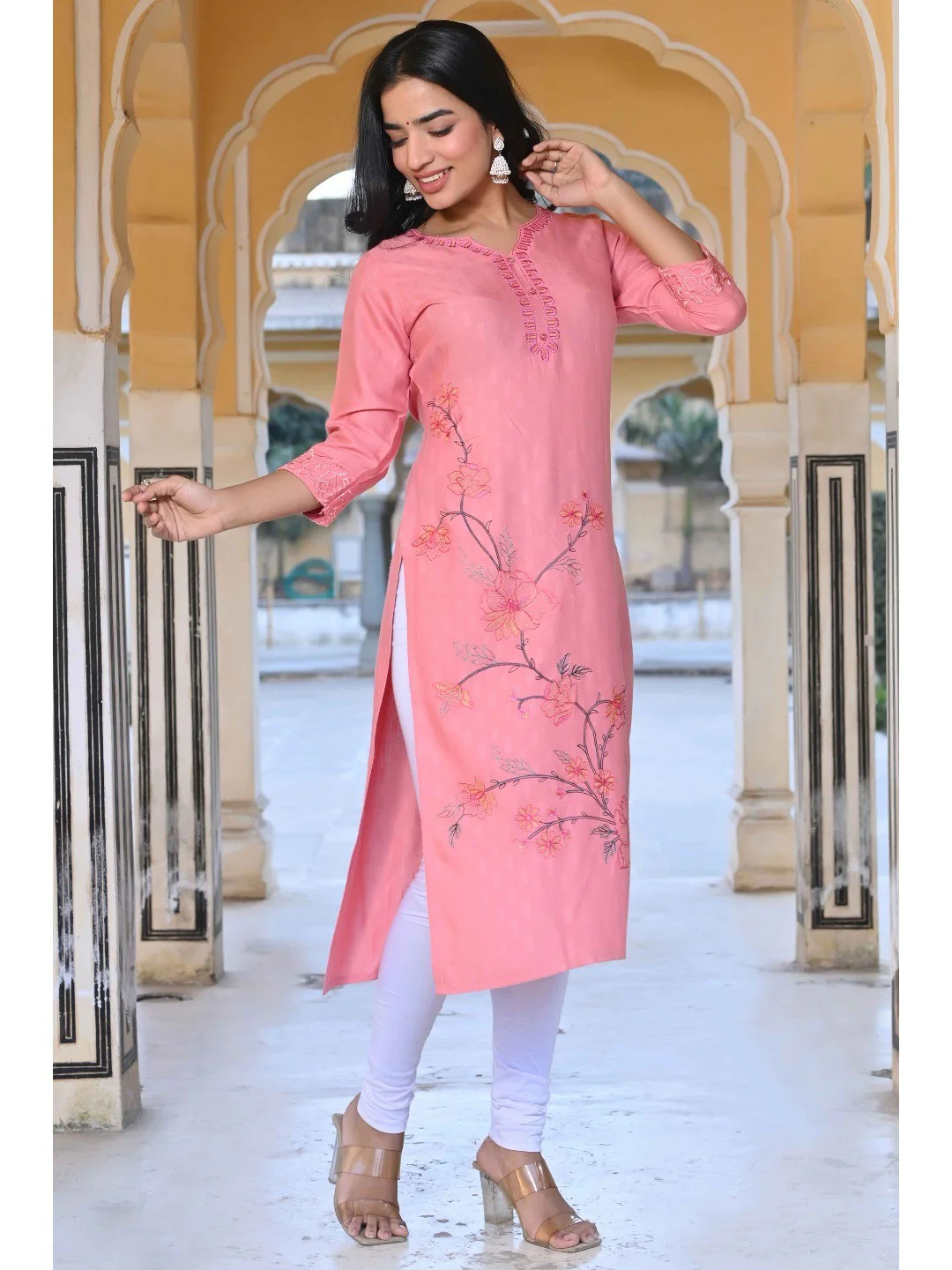 Peach Floral Embroidered Rayon Straight Kurti - Image 2