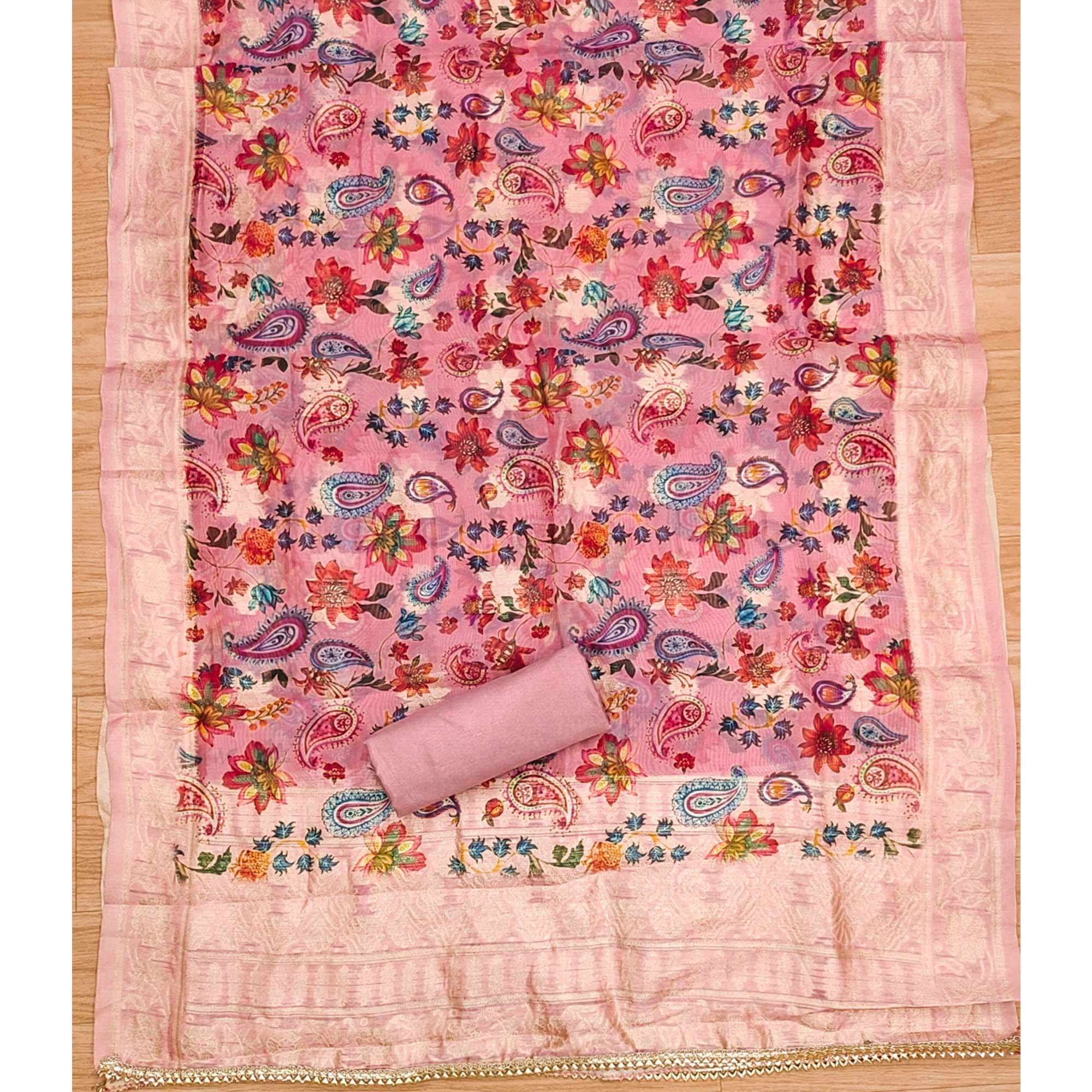 Peach Floral Embroidered Roman Cottom Silk Dress Material - Image 5