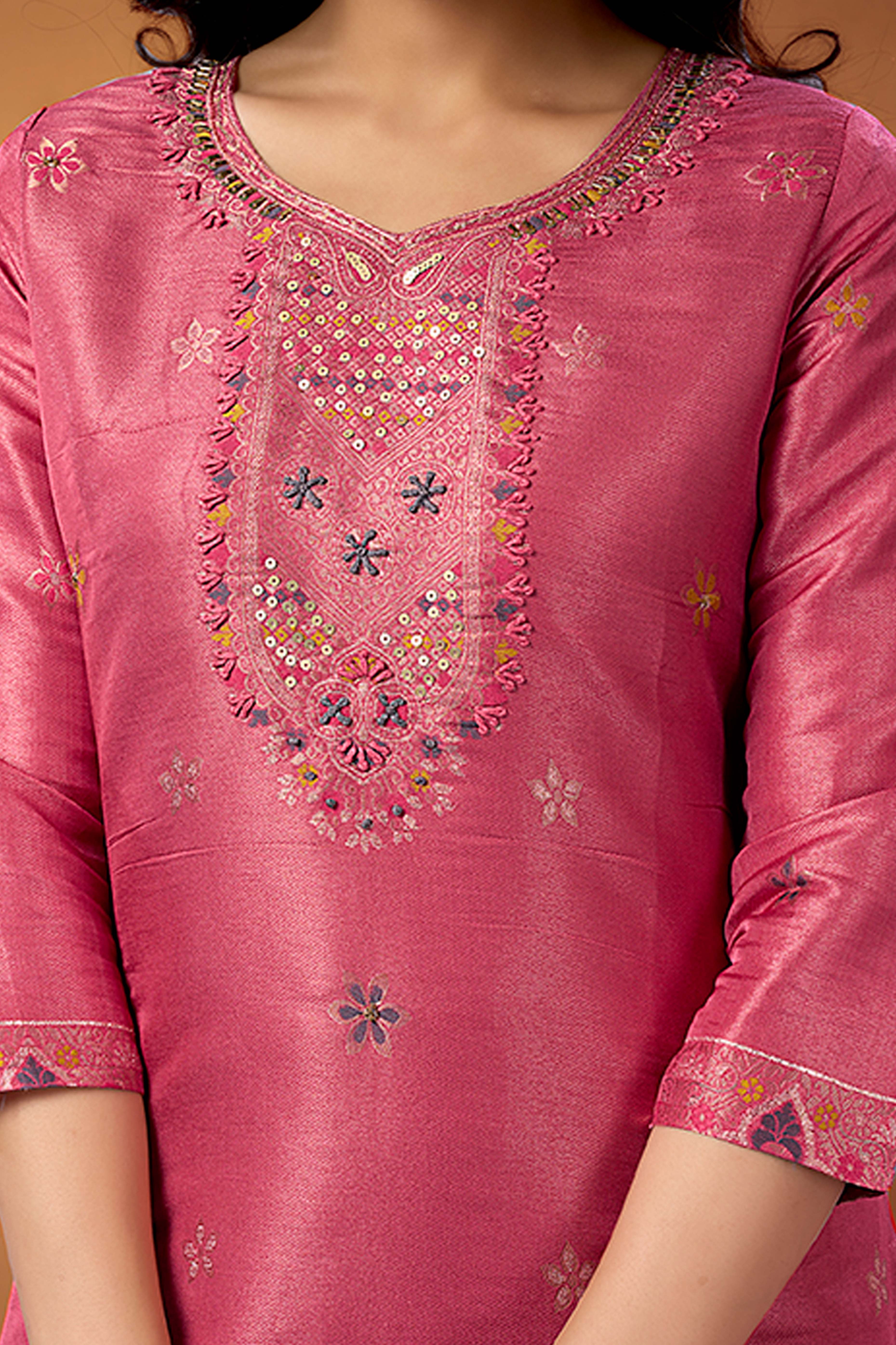 Peach Floral Embroidered Shimmer Jacquard Straight Salwar Suit - Image 2