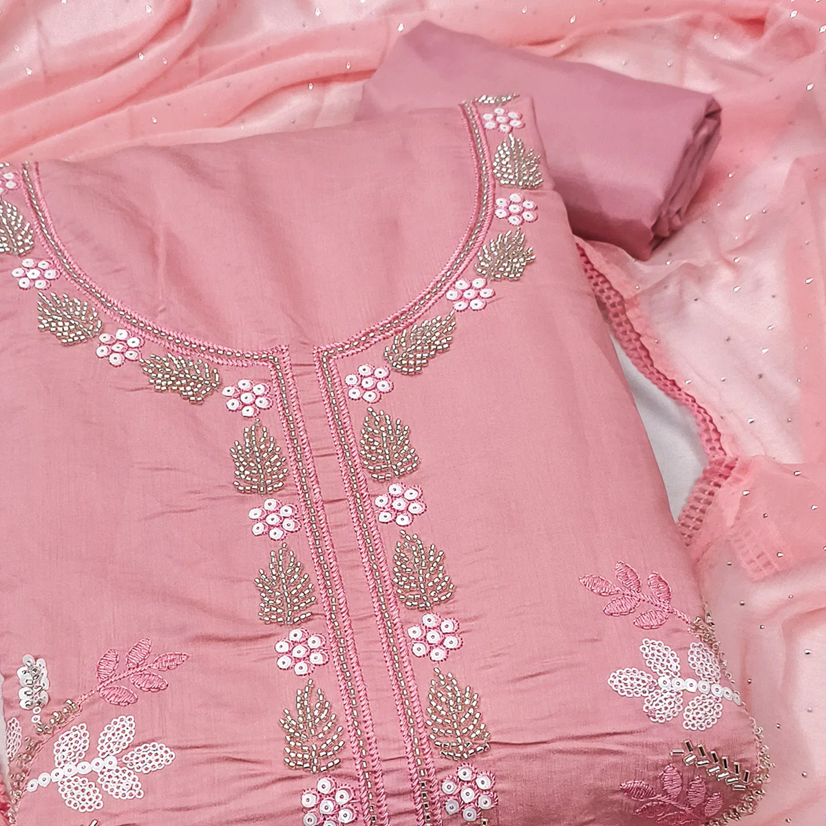 Peach Floral Embroidered Viscose Suit Fabric with Exquisite Beads Work - Image 2