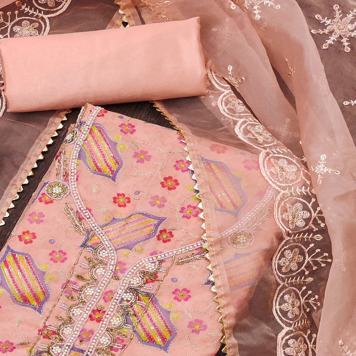 Peach Floral Embroidered With Handwork Organza Dress Material - Image 2