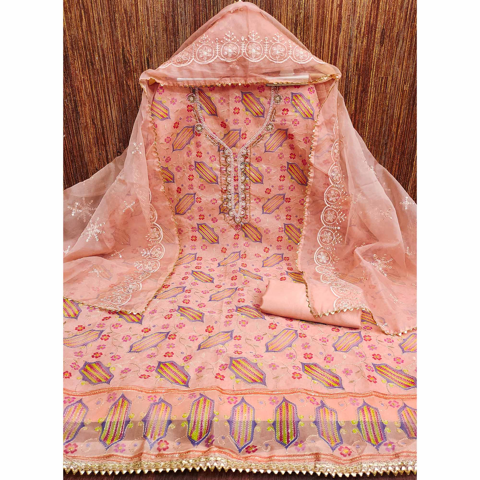 Peach Floral Embroidered With Handwork Organza Dress Material - Image 3