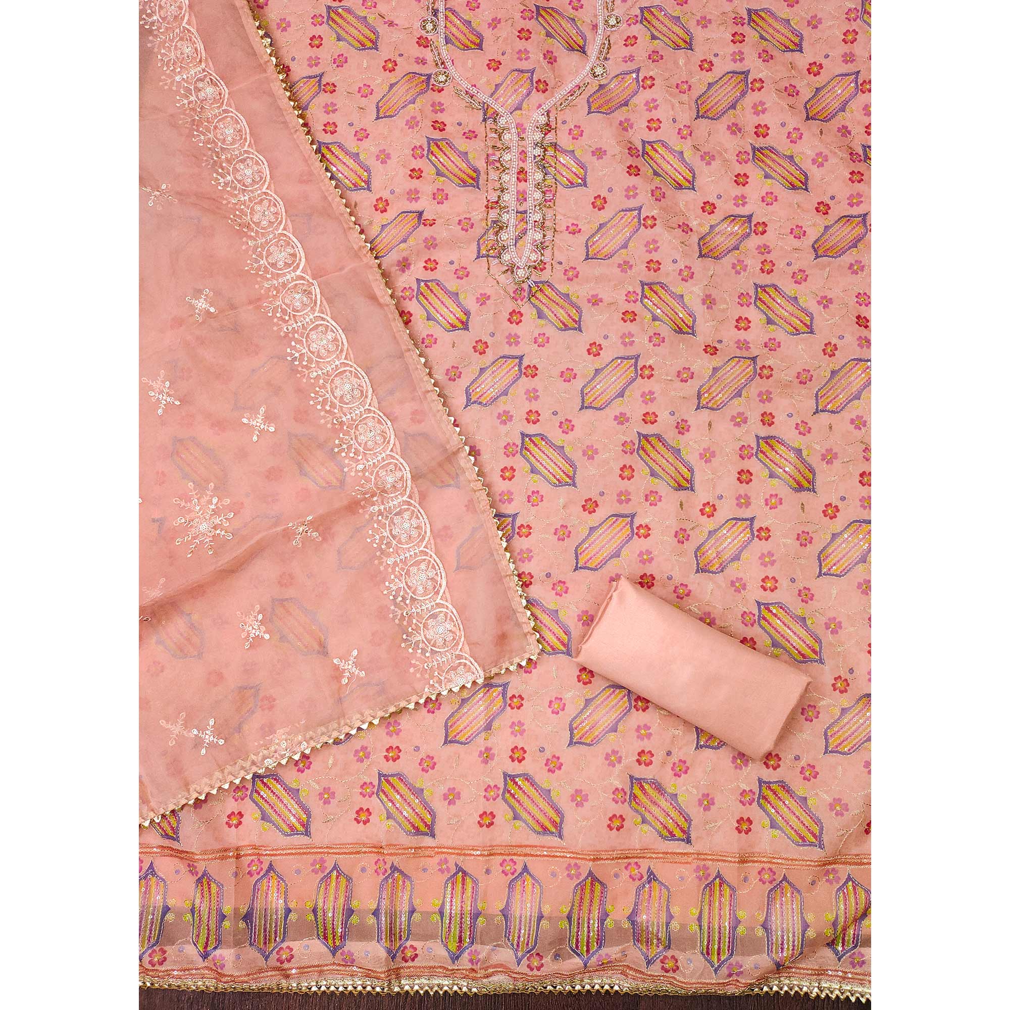 Peach Floral Embroidered With Handwork Organza Dress Material - Image 4