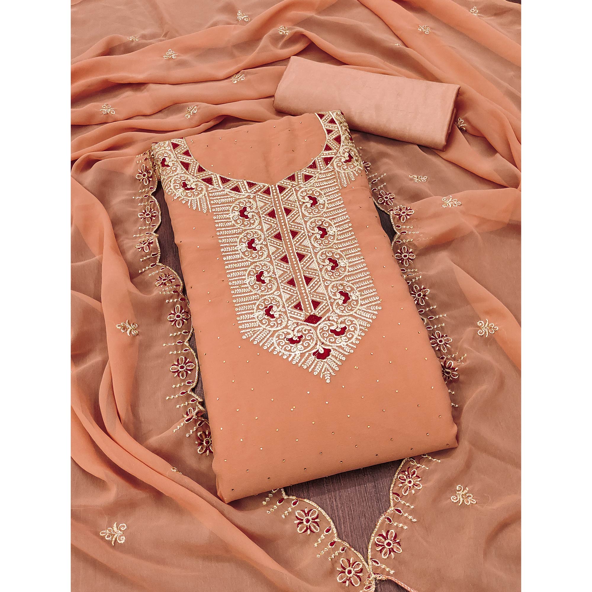 Peach Floral Embroidered With Stonework Georgette Dress Material - Image 3