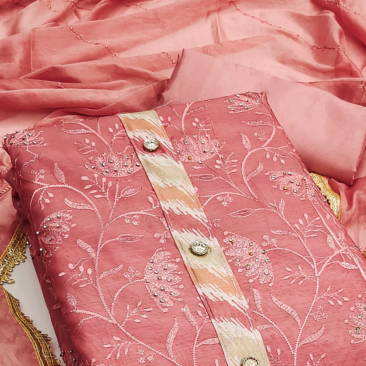 Peach Floral Embroidery With Digital Printed Chanderi Silk Dress Material - Image 2