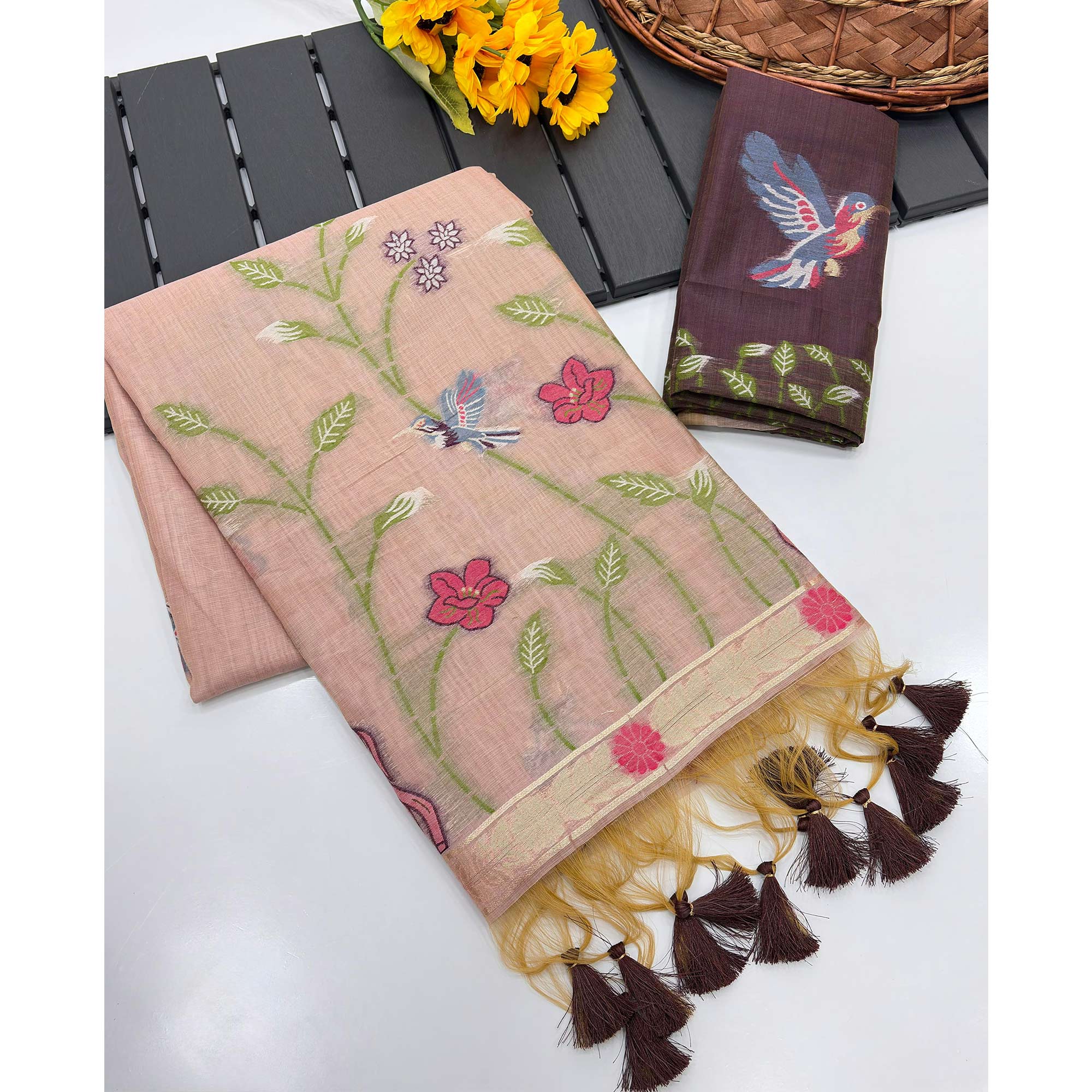 Peach Floral Handloom Muga Cotton Silk Saree with Artisanal Weave - Image 4