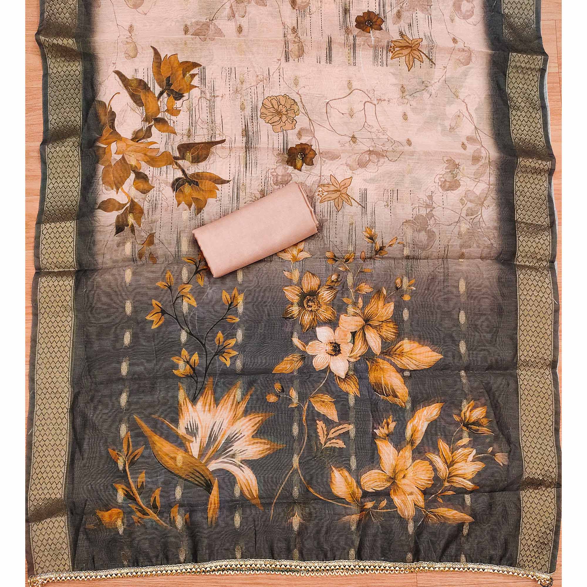 Peach Floral Handwork Cotton Silk Dress Material - Image 5