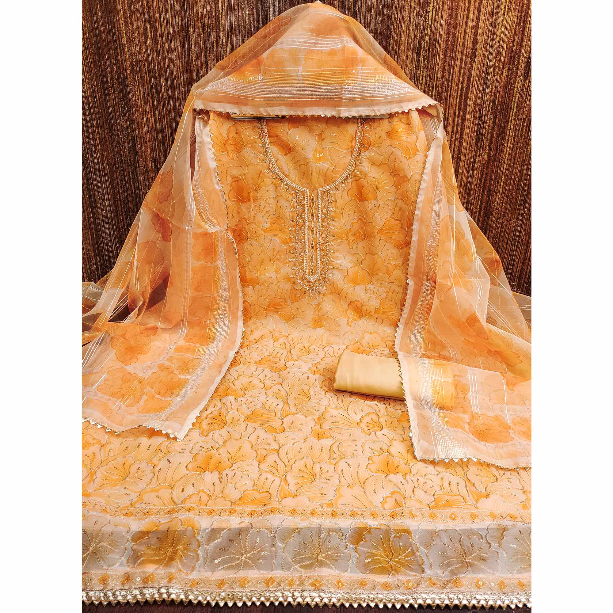 Peach Floral Print With Sequins Embroidered Organza Dress Material - Image 3