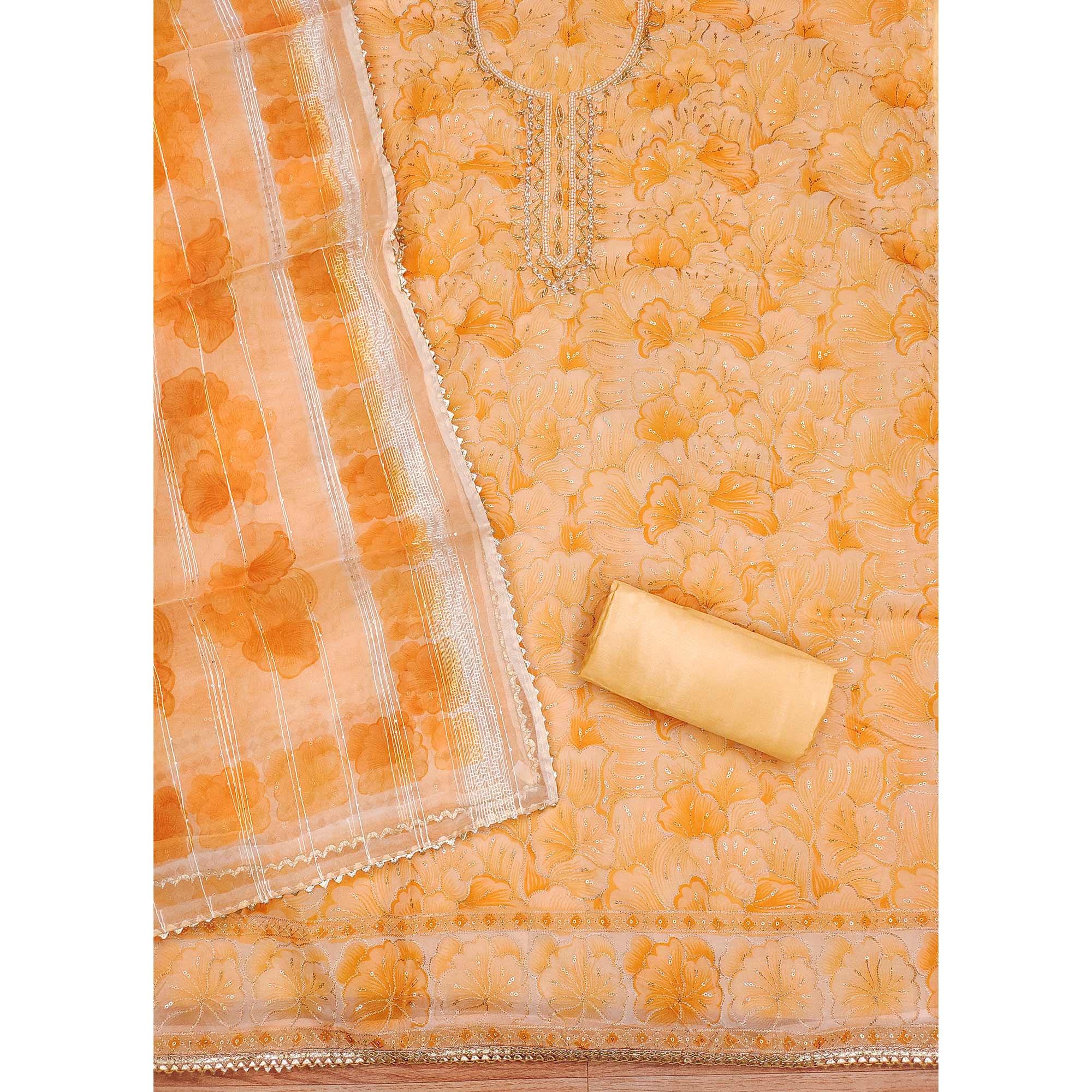 Peach Floral Print With Sequins Embroidered Organza Dress Material - Image 4