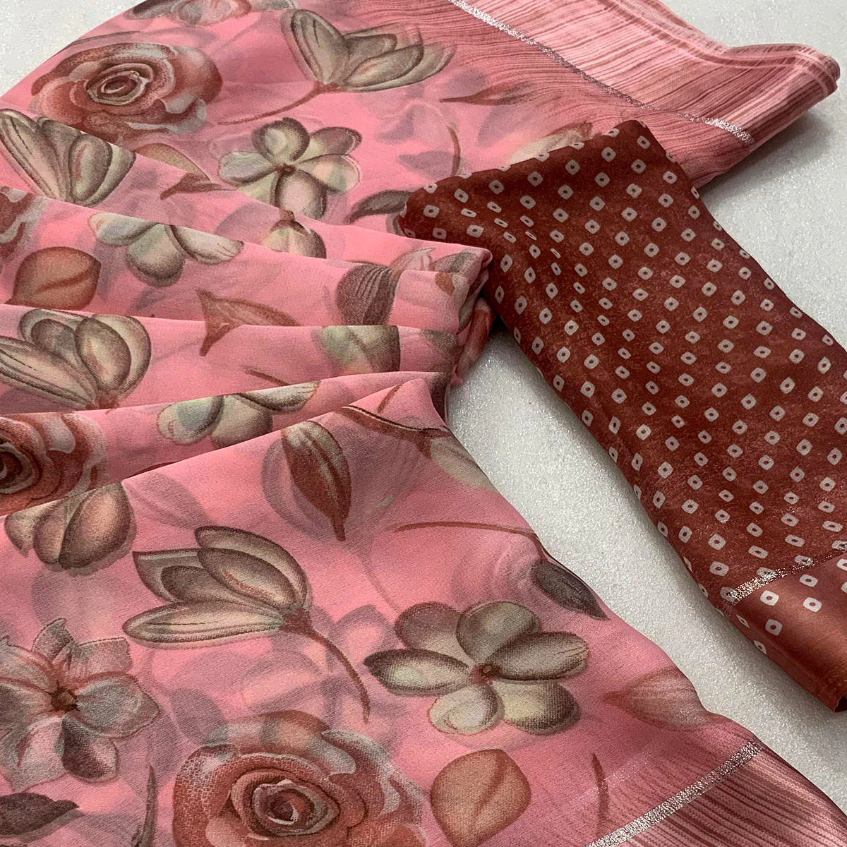 Peach Floral Printed Chiffon Saree - Image 2