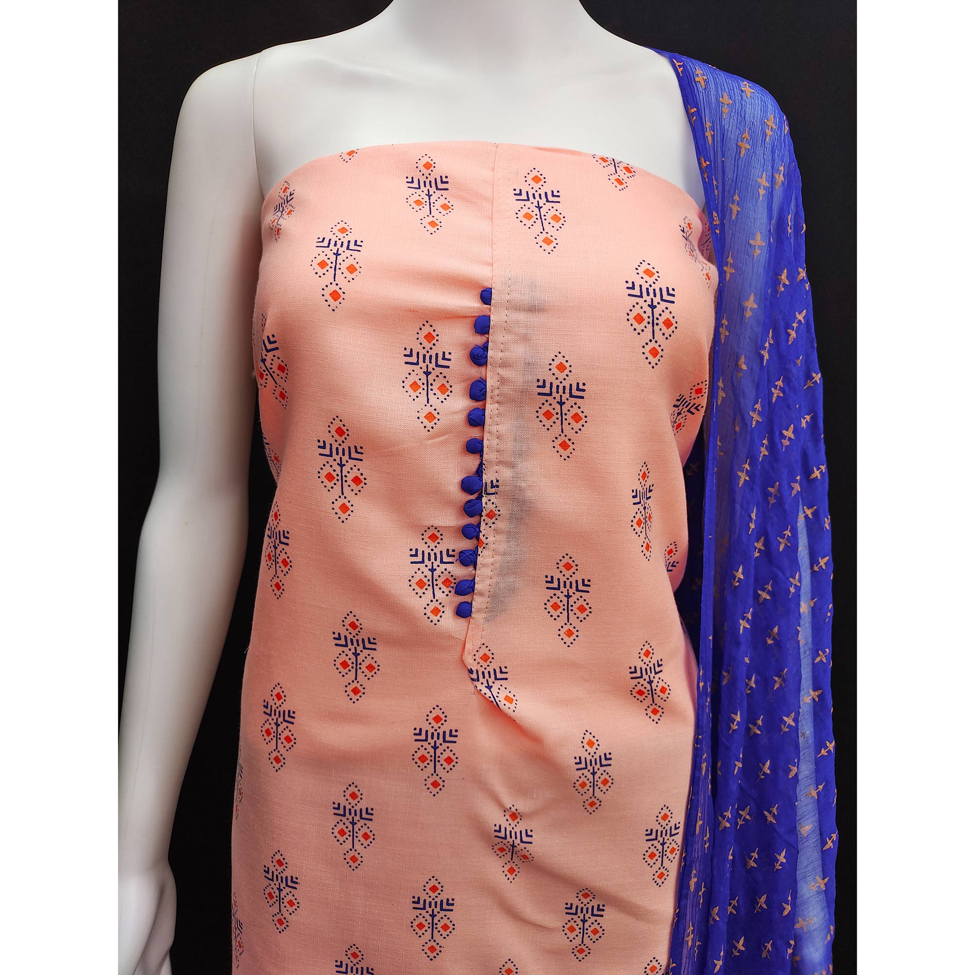 Peach Floral Printed Cotton Blend Dress Material - Image 6