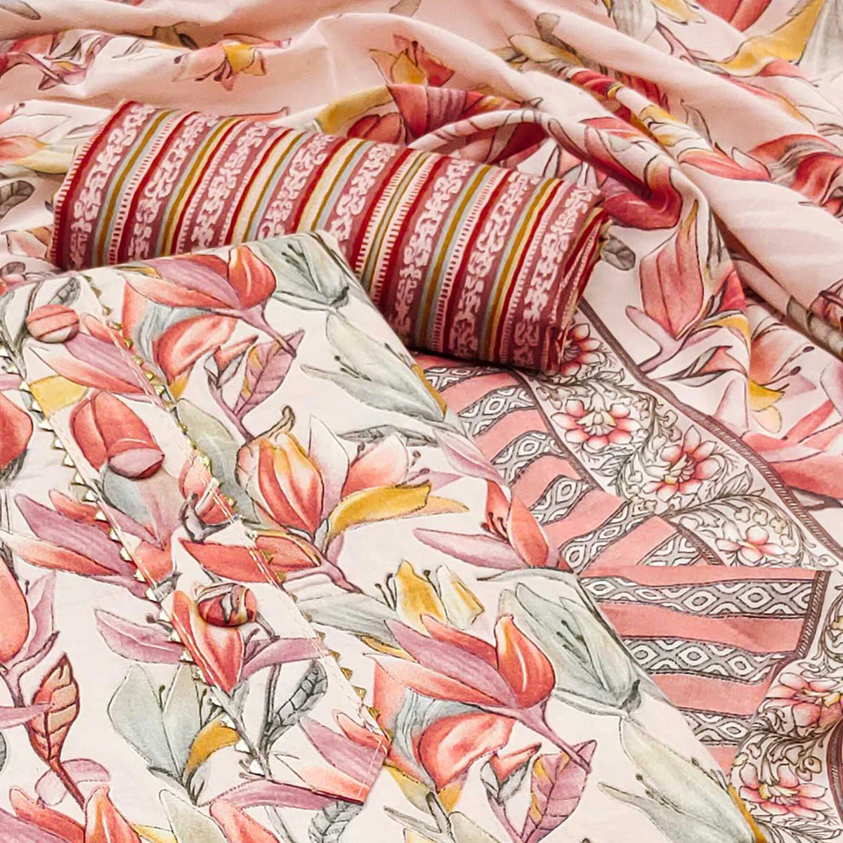 Peach Floral Printed Cotton Blend Dress Material - Image 2
