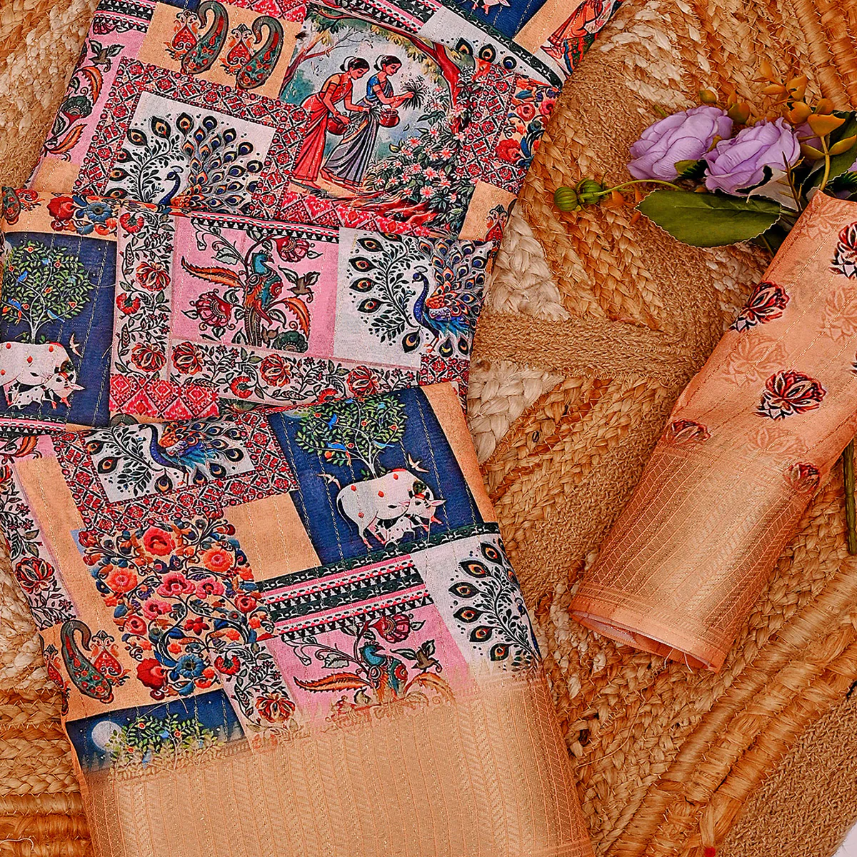 Peach Floral Printed Dola Silk Saree With Elegant Silver Zari & Intricate Weaving Border - Image 2