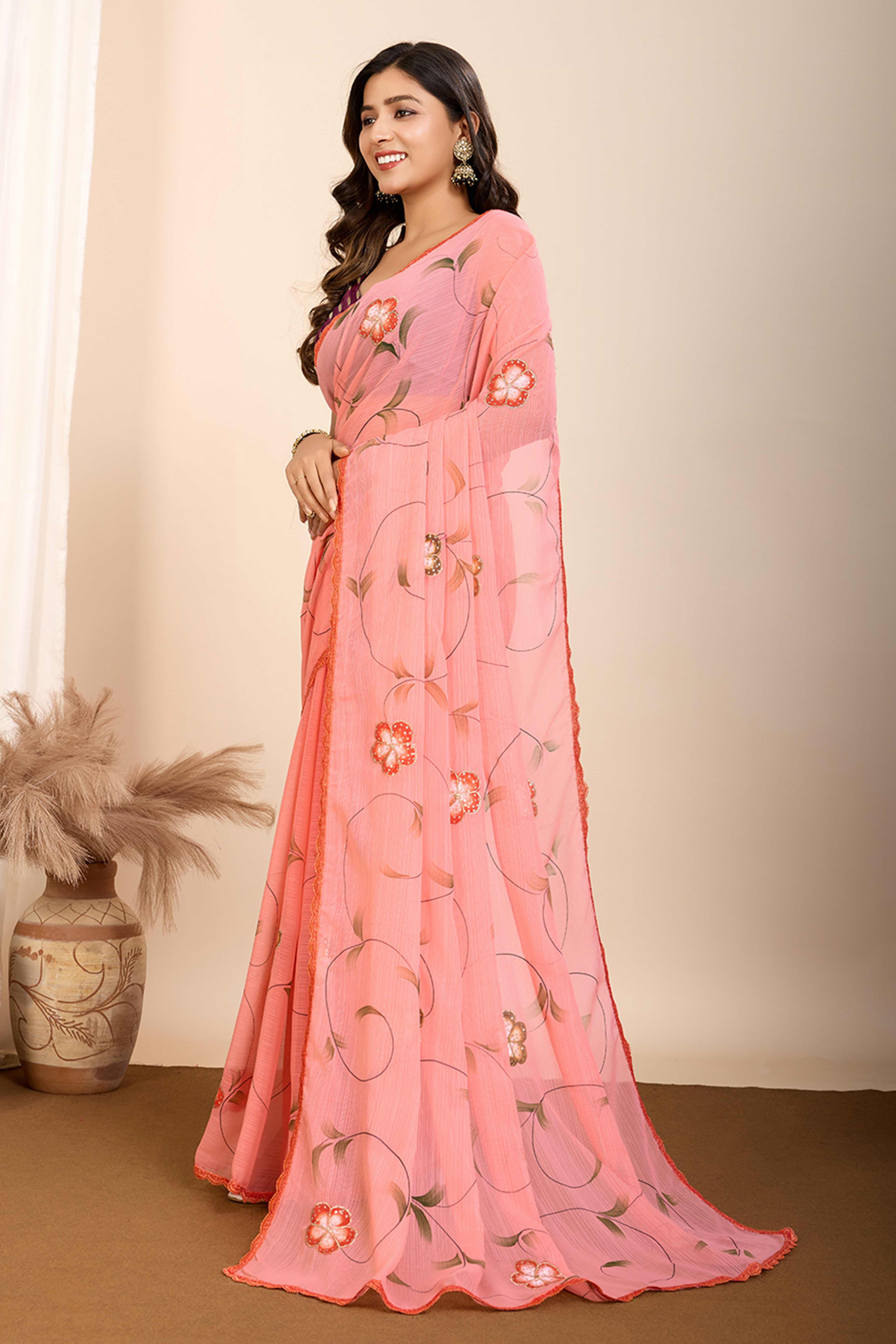 Peach Floral Printed Georgette Saree - Image 4