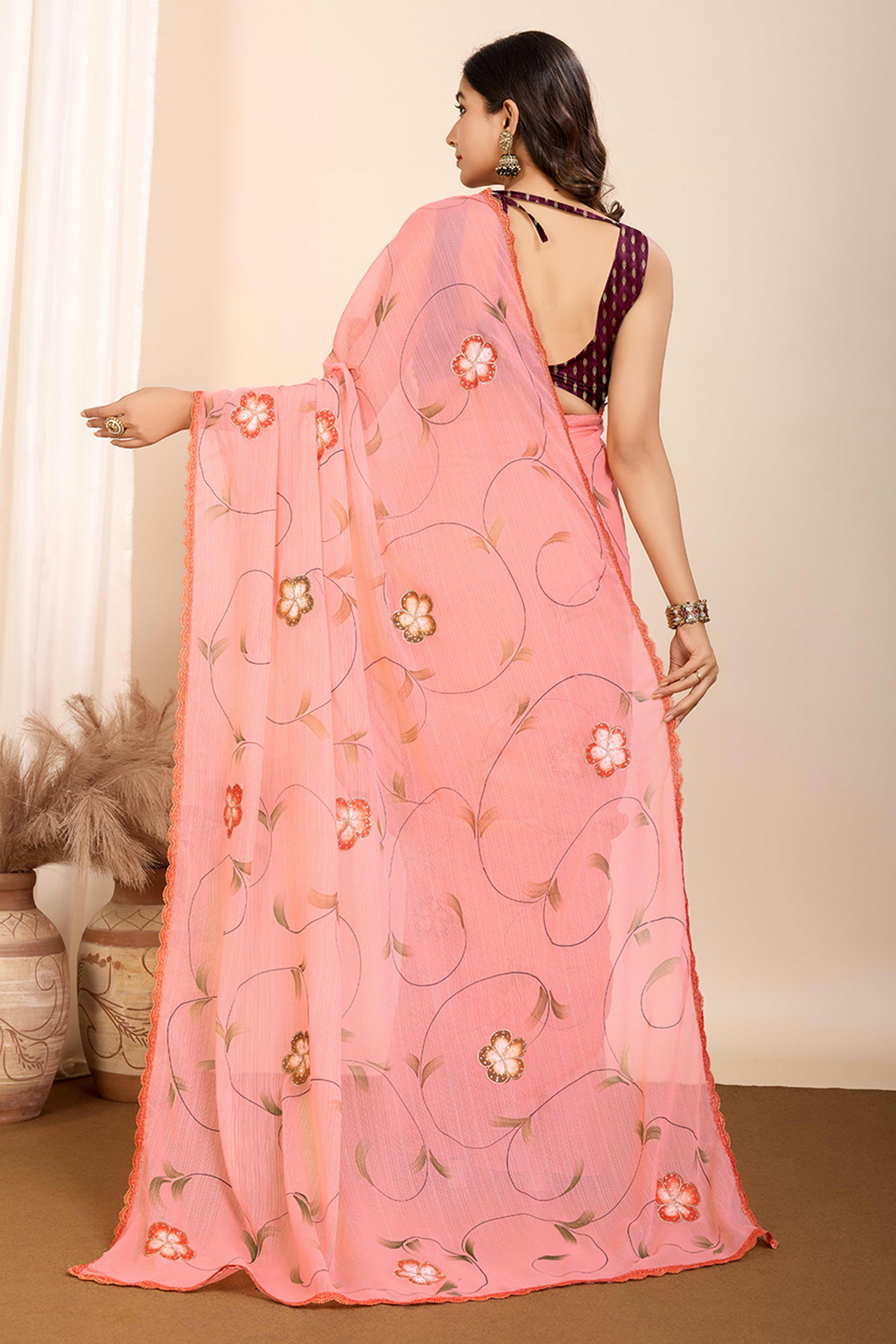 Peach Floral Printed Georgette Saree - Image 5