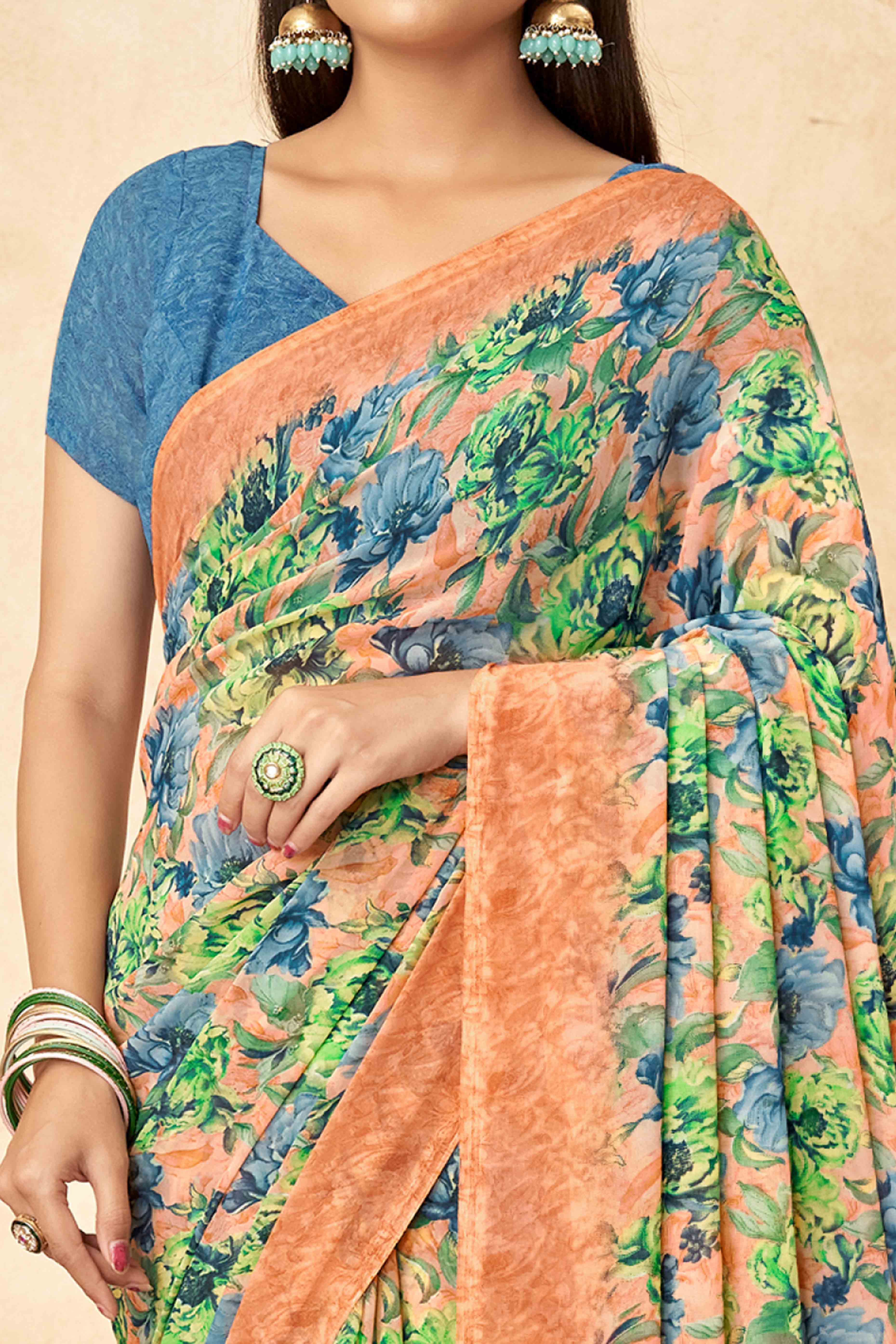 Peach Floral Printed Georgette Saree - Image 2