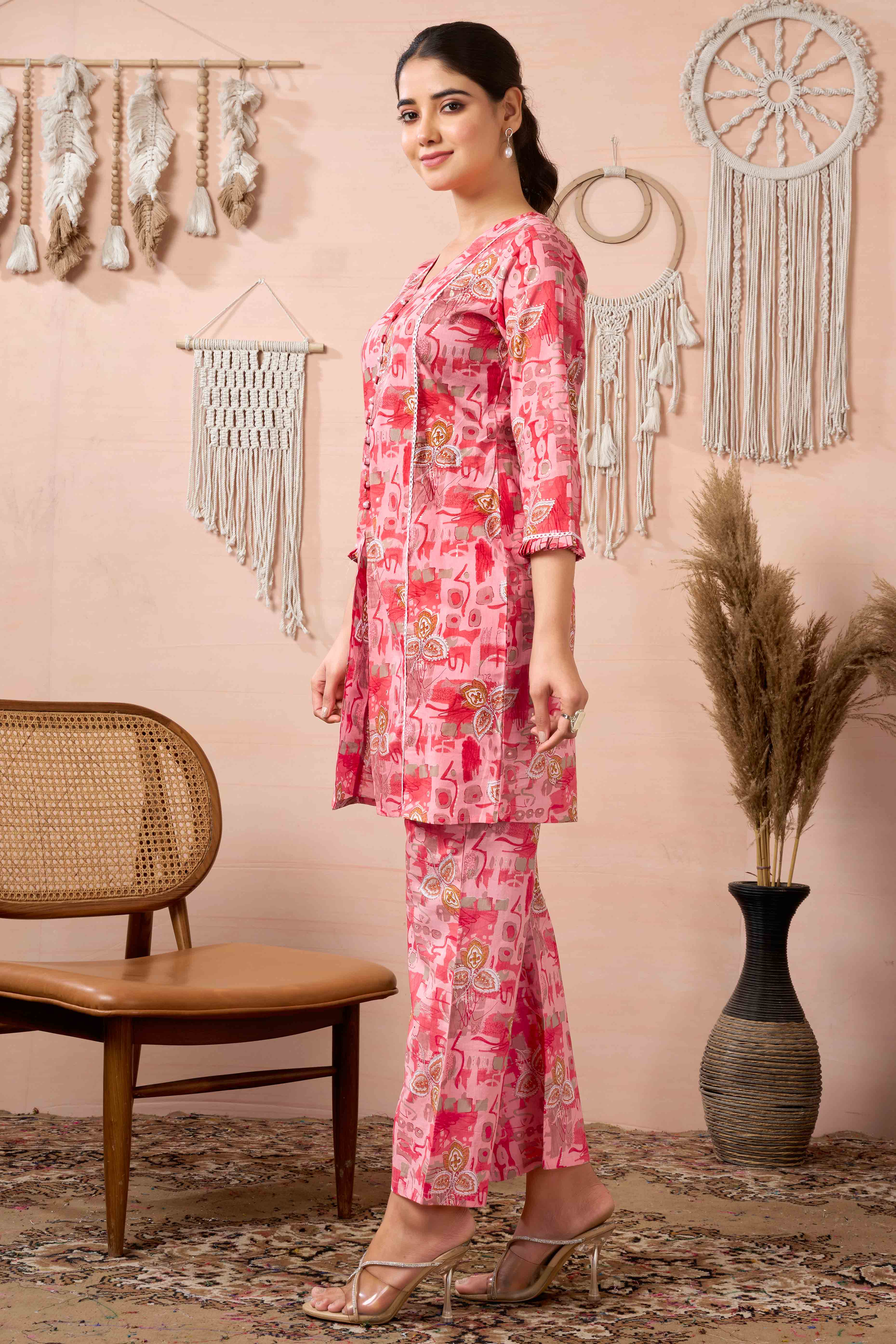 Peach Floral Printed Pure Cotton Co-ord Set - Image 3