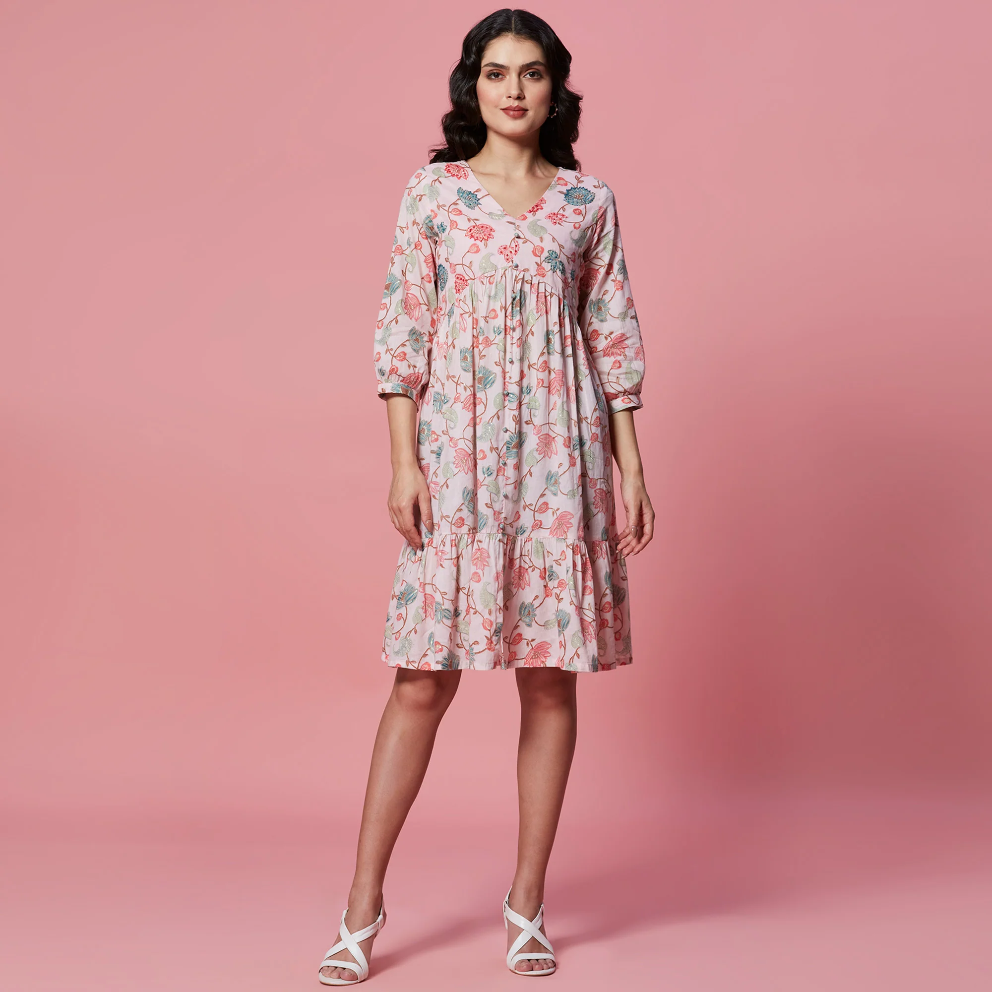 Peach Floral Printed Pure Cotton Dress - Image 2