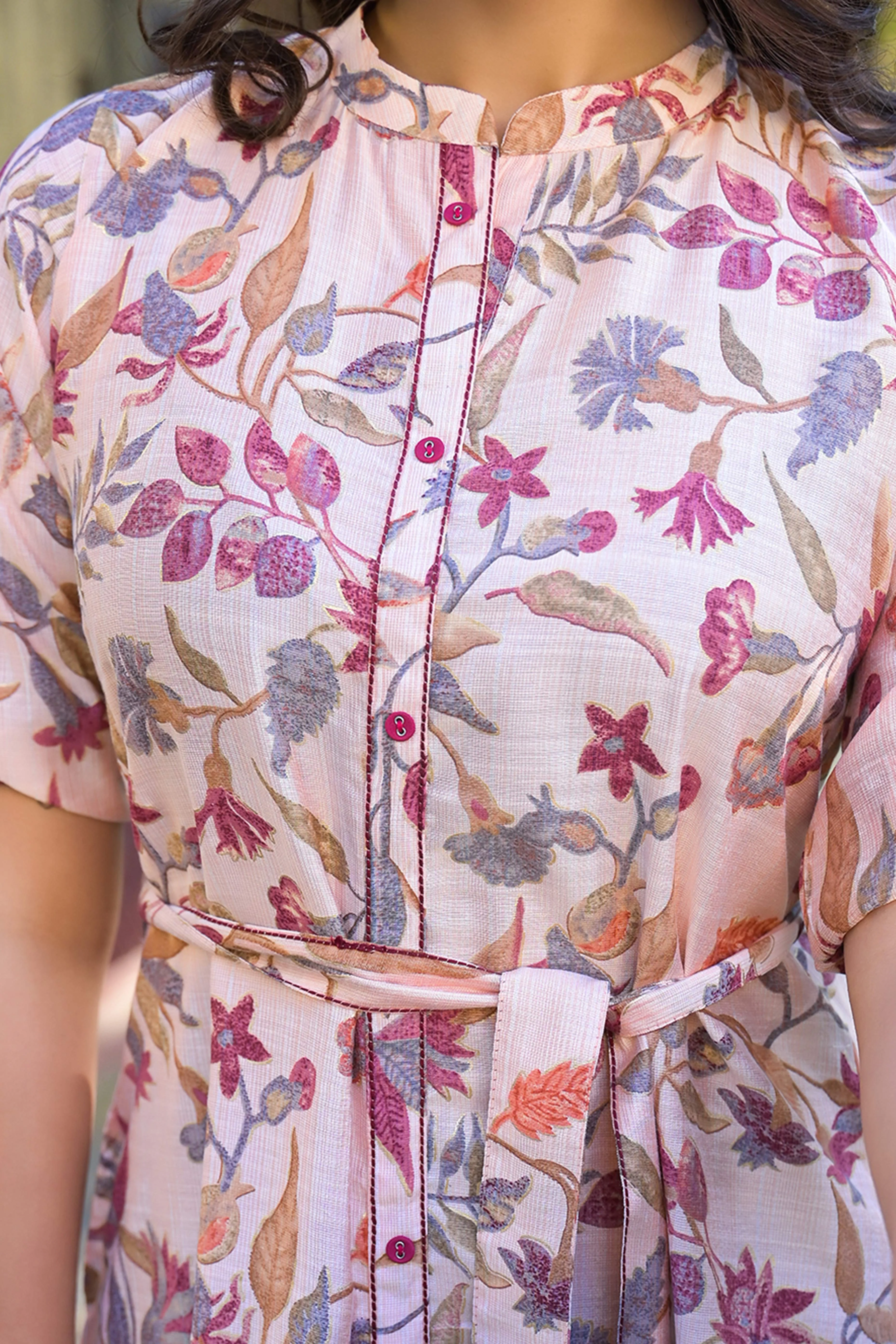 Peach Floral Printed Pure Cotton Front Split Kurti - Image 2